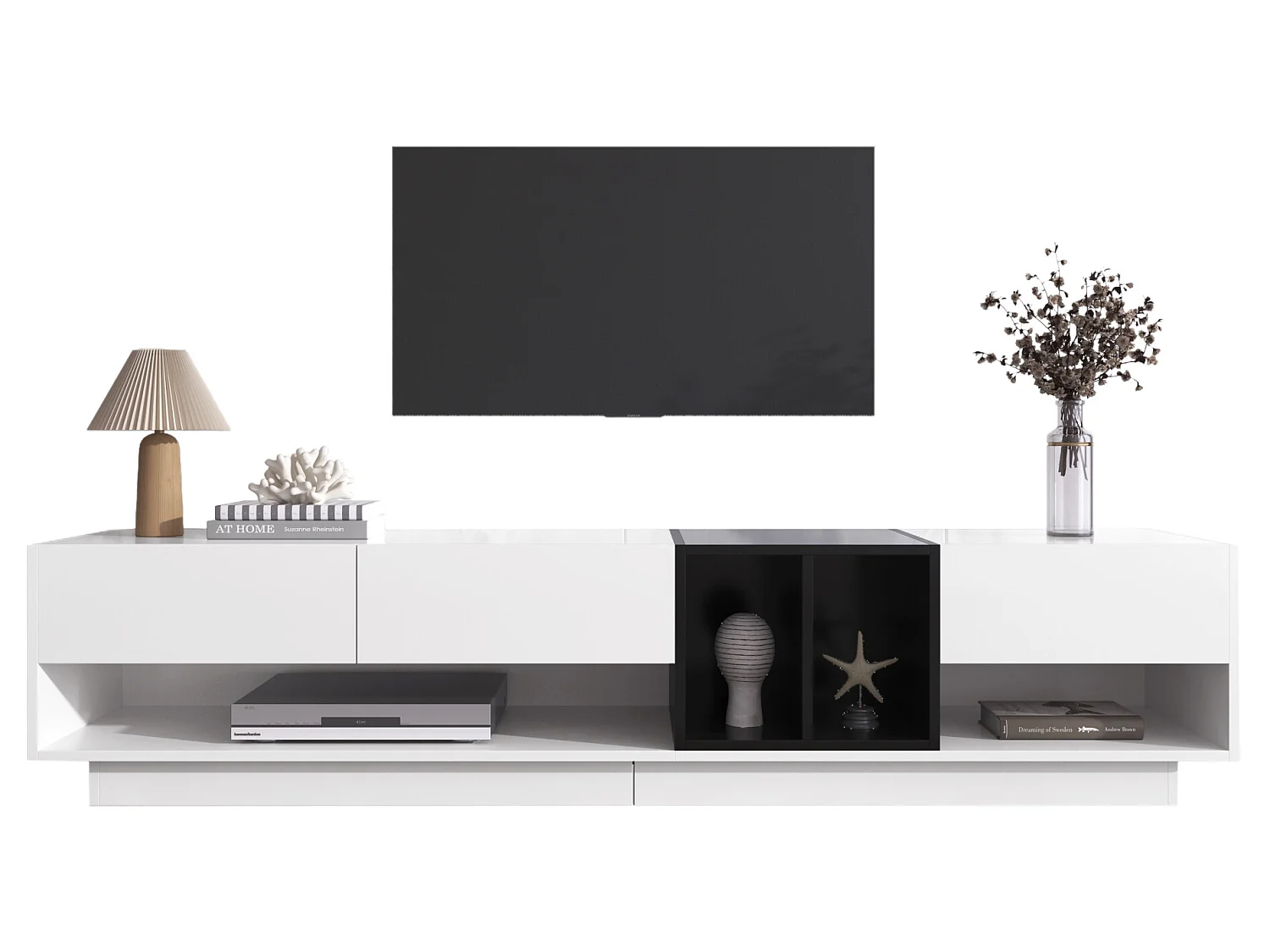 Móvel TV 190 cm - 3 gavetas e 4 nichos - aglomerado - cores branco e preto