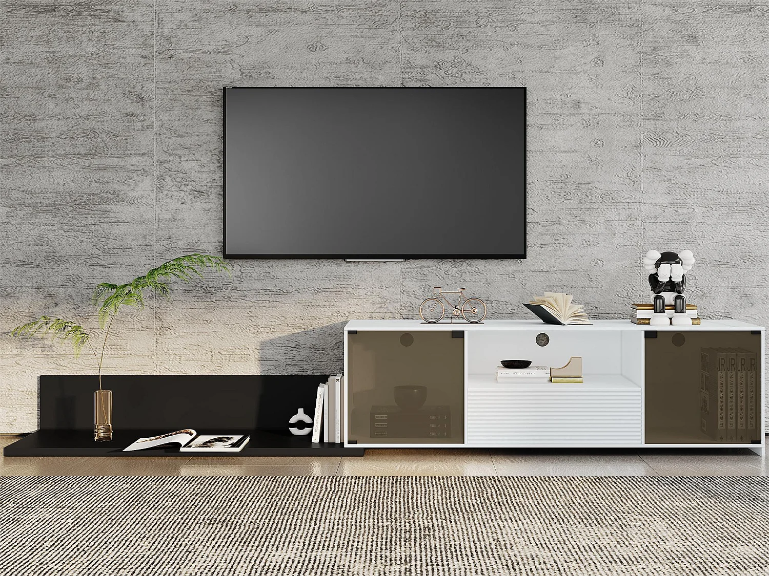 Uitschuifbare tv-kast - 2 glazen deuren, 1 lade en 1 nis - LED's - wit