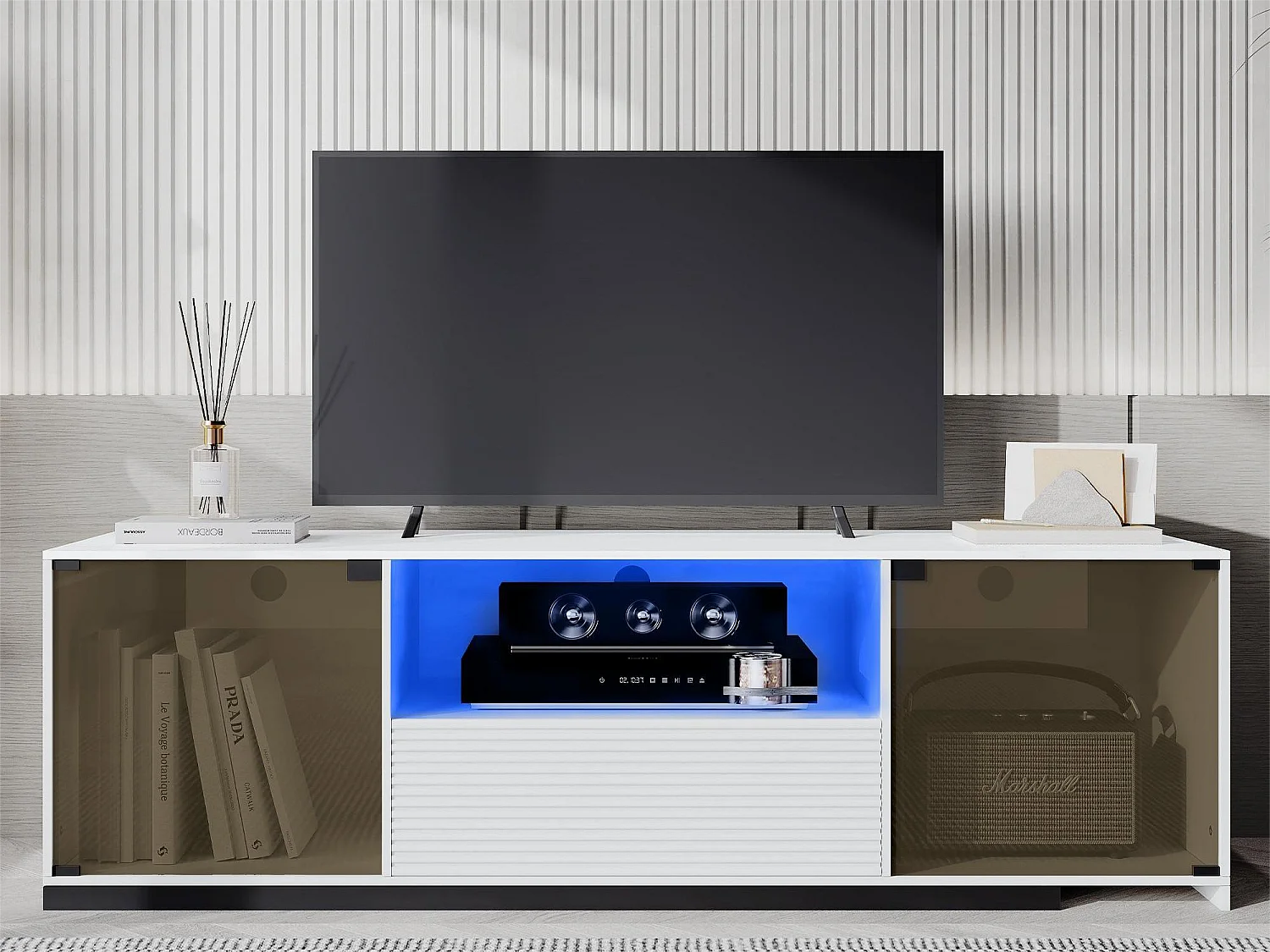 Uitschuifbare tv-kast - 2 glazen deuren, 1 lade en 1 nis - LED's - wit