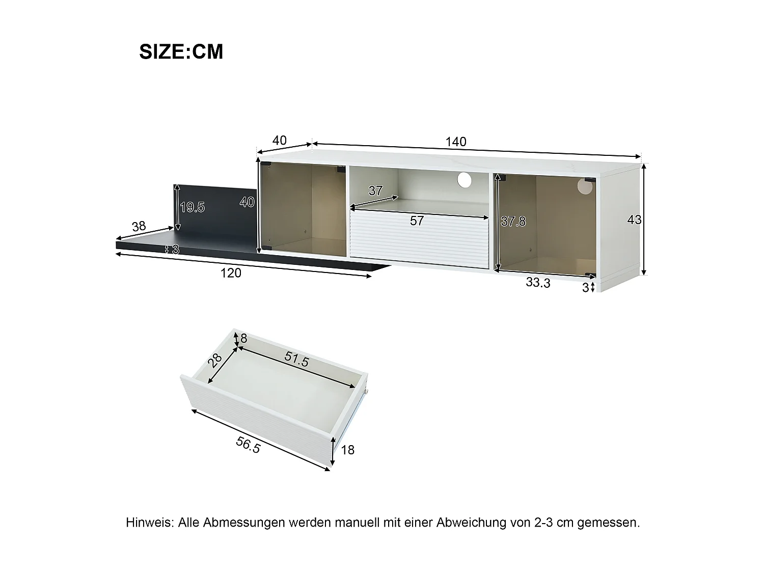 Uitschuifbare tv-kast - 2 glazen deuren, 1 lade en 1 nis - LED's - wit