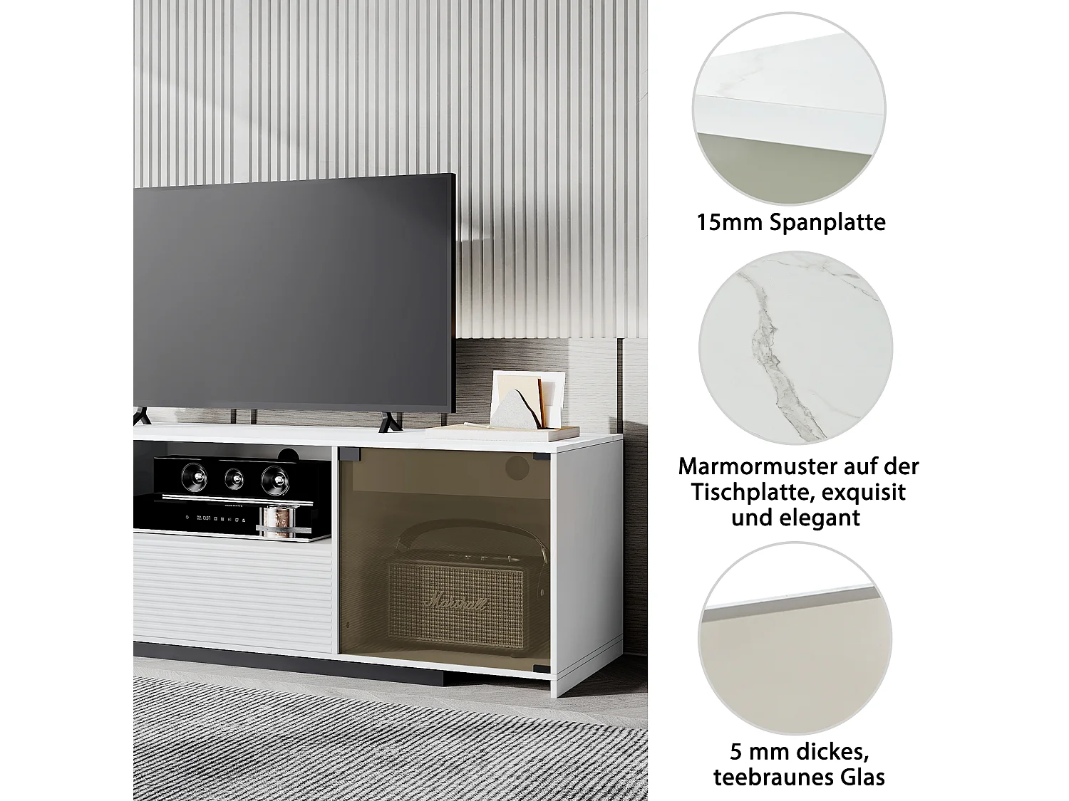 Uitschuifbare tv-kast - 2 glazen deuren, 1 lade en 1 nis - LED's - wit