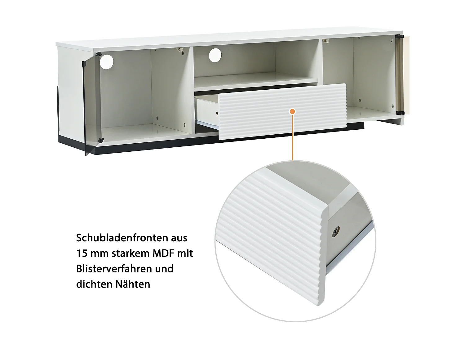 Uitschuifbare tv-kast - 2 glazen deuren, 1 lade en 1 nis - LED's - wit