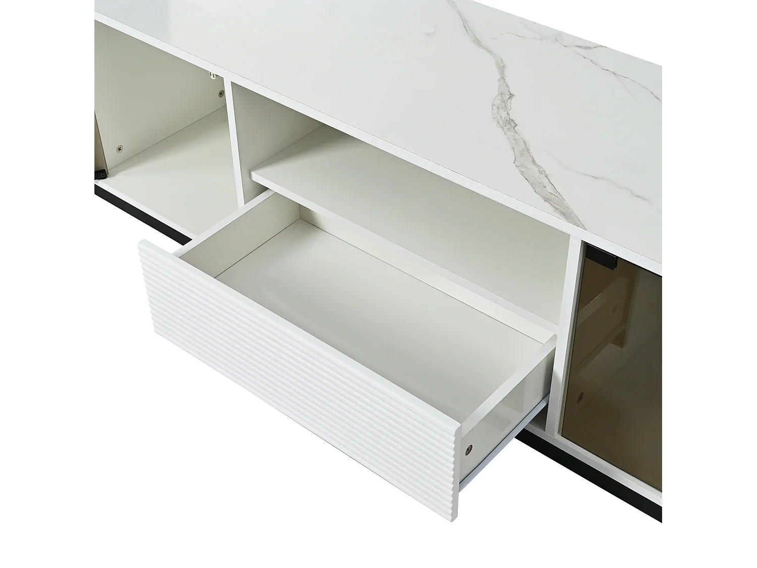 Uitschuifbare tv-kast - 2 glazen deuren, 1 lade en 1 nis - LED's - wit