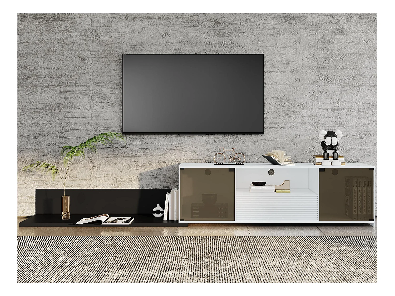 Uitschuifbare tv-kast - 2 glazen deuren, 1 lade en 1 nis - LED's - wit