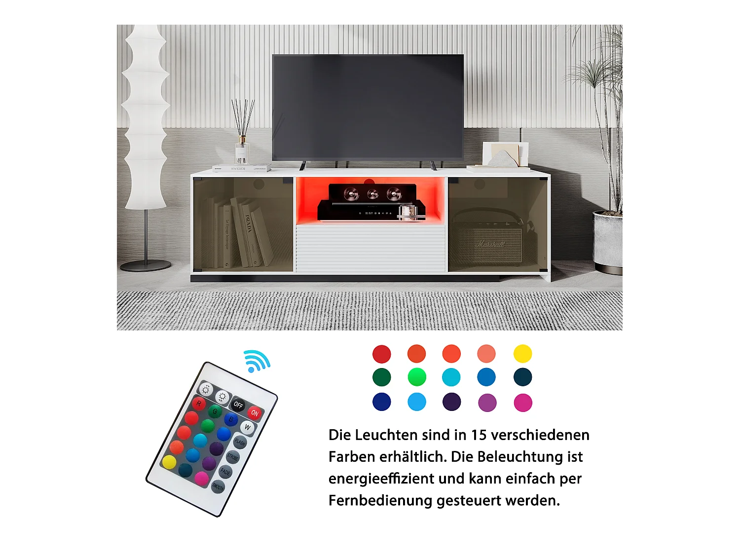 Uitschuifbare tv-kast - 2 glazen deuren, 1 lade en 1 nis - LED's - wit