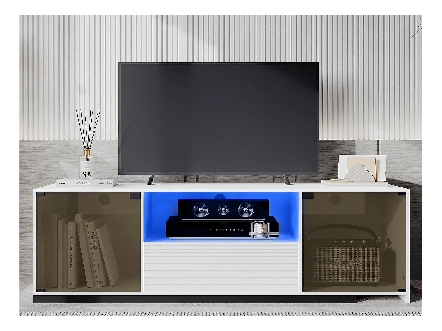 Uitschuifbare tv-kast - 2 glazen deuren, 1 lade en 1 nis - LED's - wit