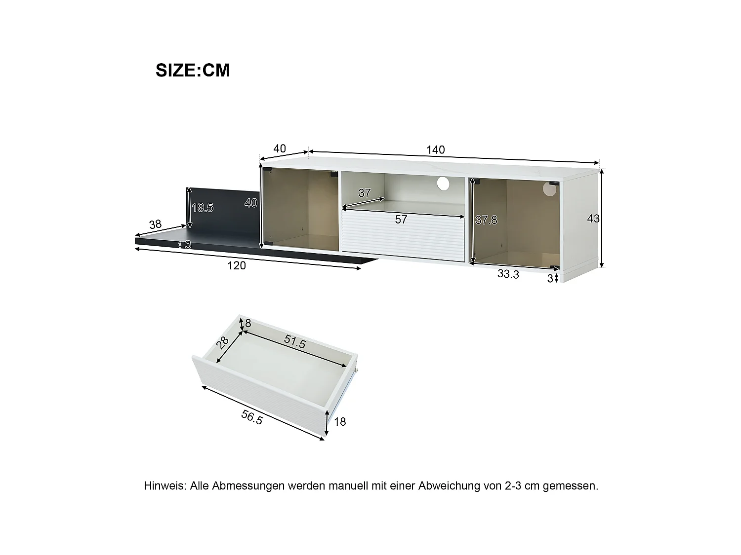 Uitschuifbare tv-kast - 2 glazen deuren, 1 lade en 1 nis - LED's - wit