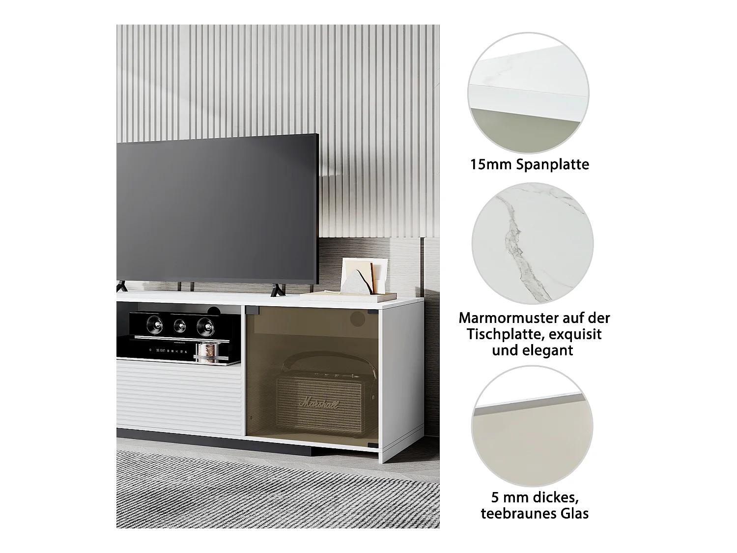 Uitschuifbare tv-kast - 2 glazen deuren, 1 lade en 1 nis - LED's - wit