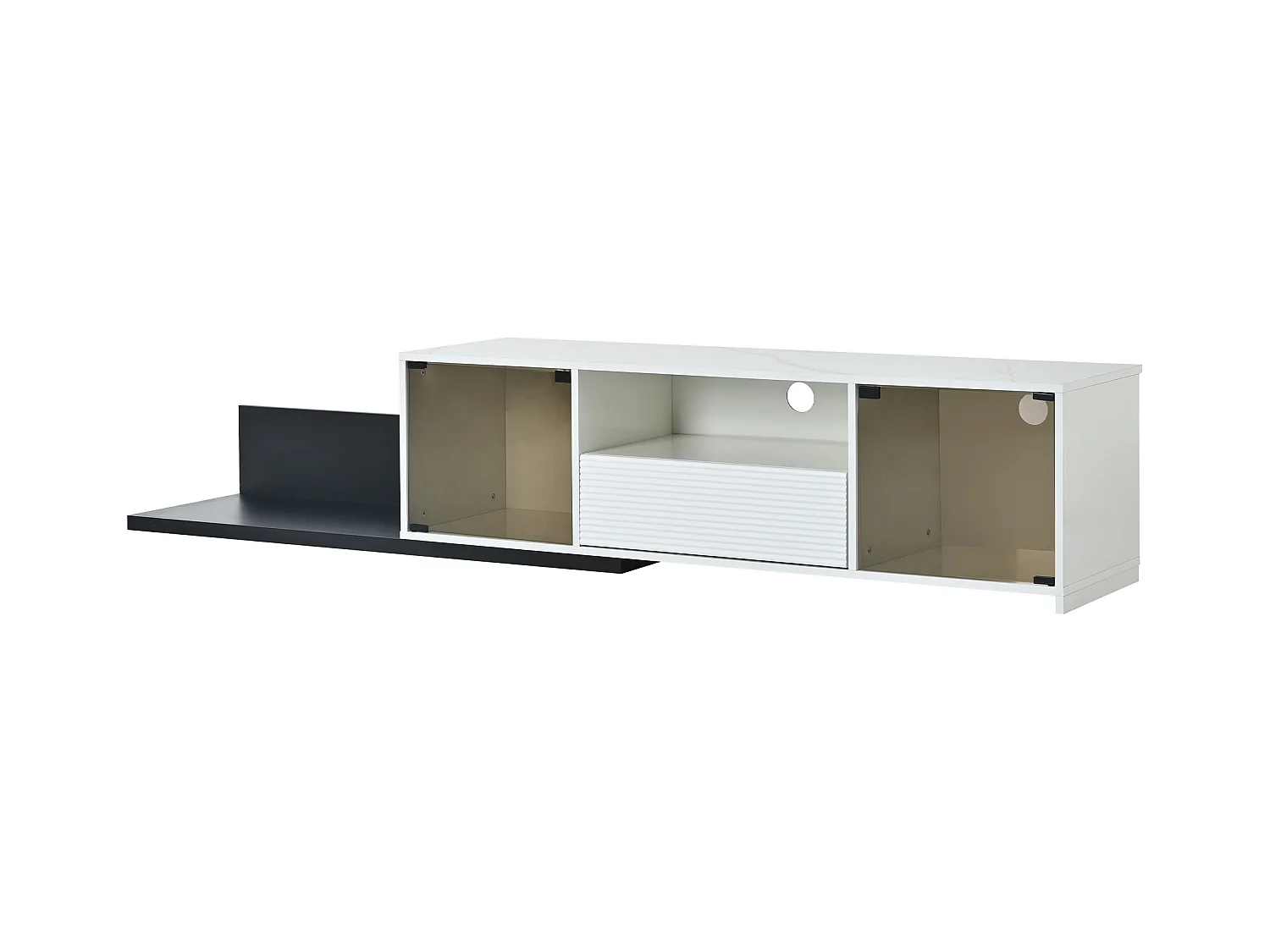 Uitschuifbare tv-kast - 2 glazen deuren, 1 lade en 1 nis - LED's - wit