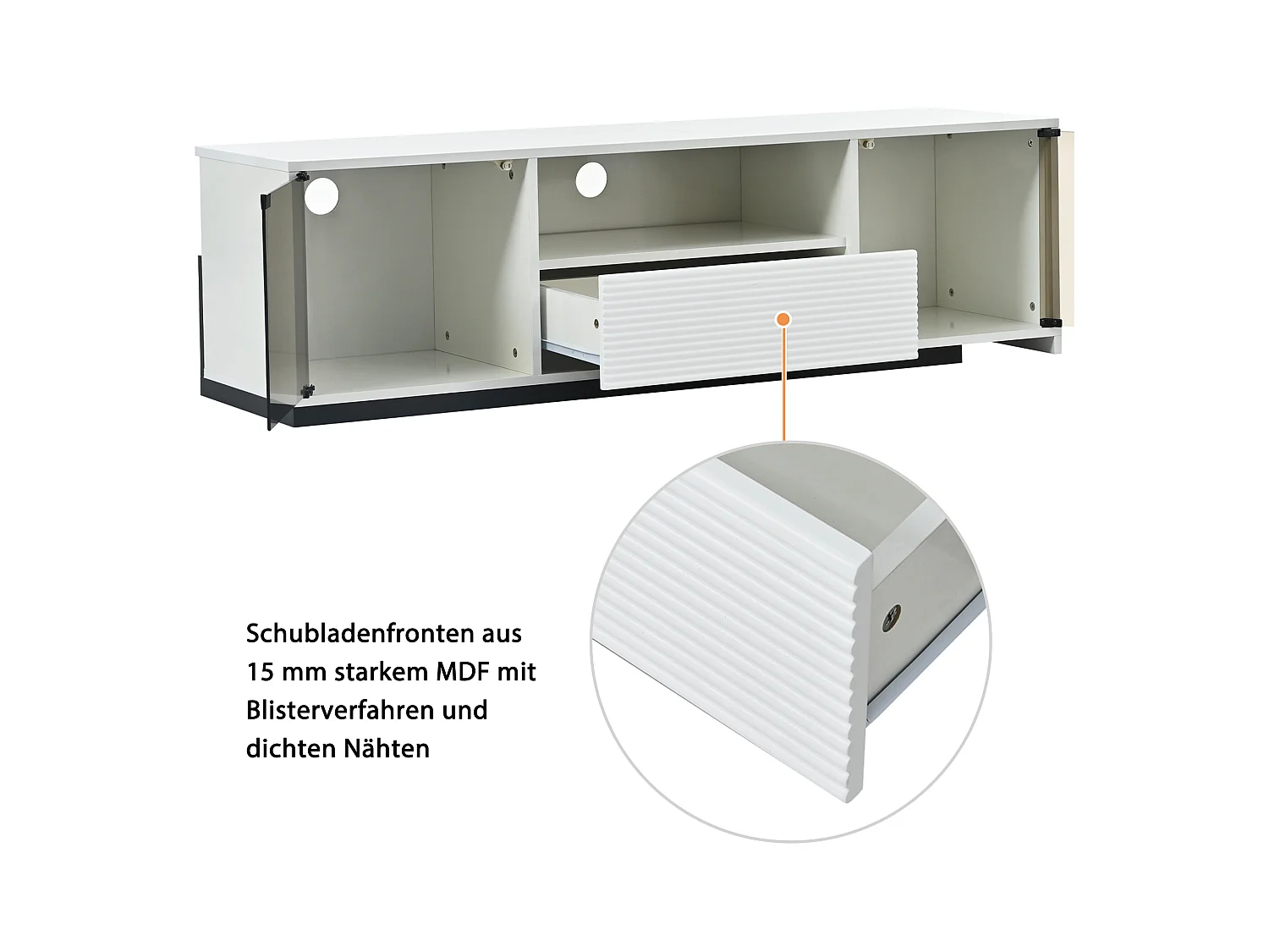 Uitschuifbare tv-kast - 2 glazen deuren, 1 lade en 1 nis - LED's - wit