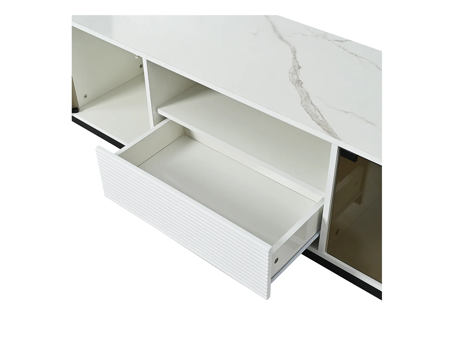 Uitschuifbare tv-kast - 2 glazen deuren, 1 lade en 1 nis - LED's - wit