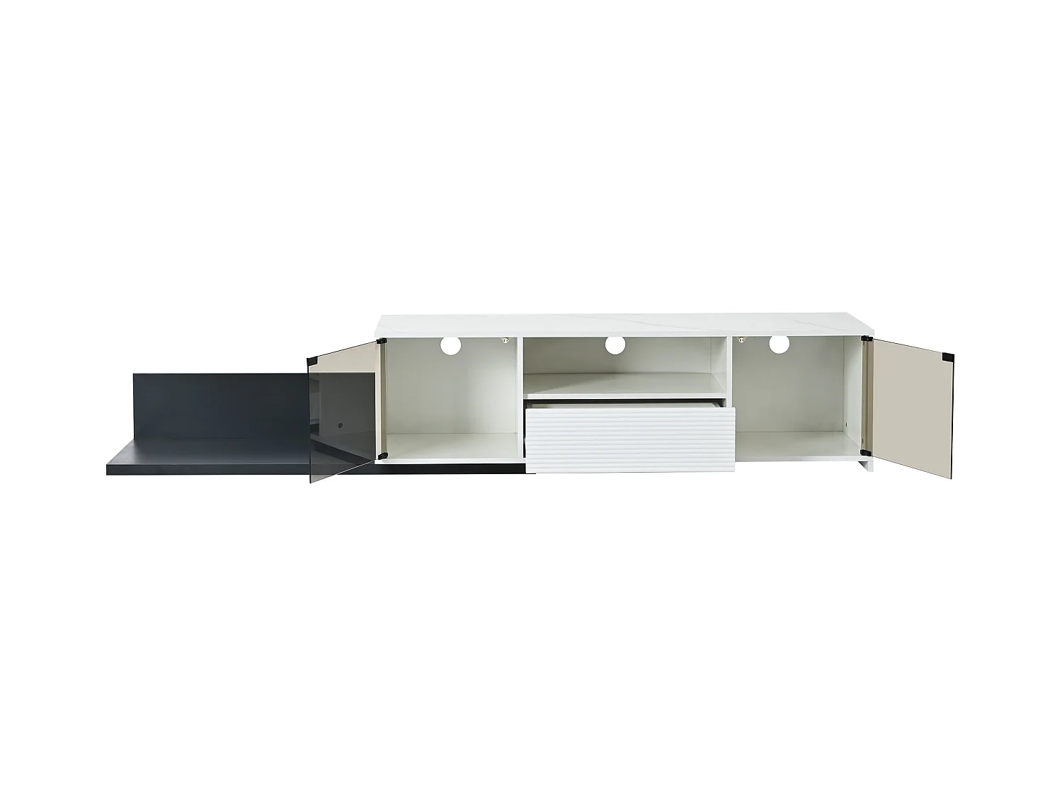 Uitschuifbare tv-kast - 2 glazen deuren, 1 lade en 1 nis - LED's - wit