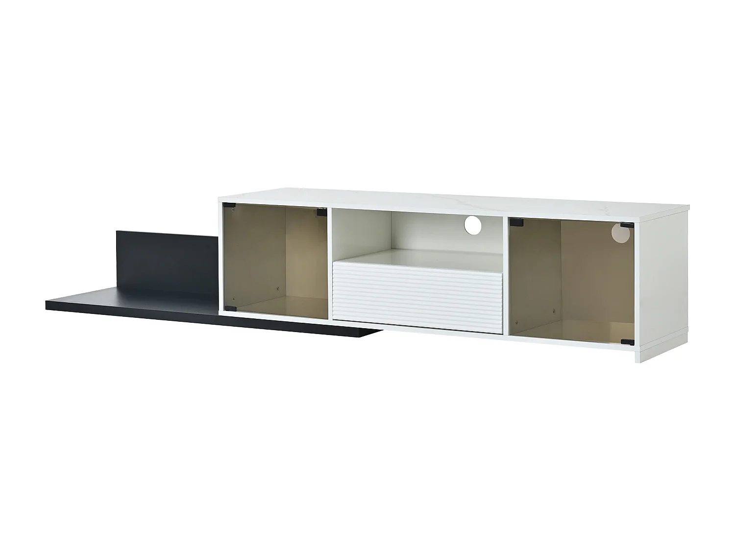 Uitschuifbare tv-kast - 2 glazen deuren, 1 lade en 1 nis - LED's - wit