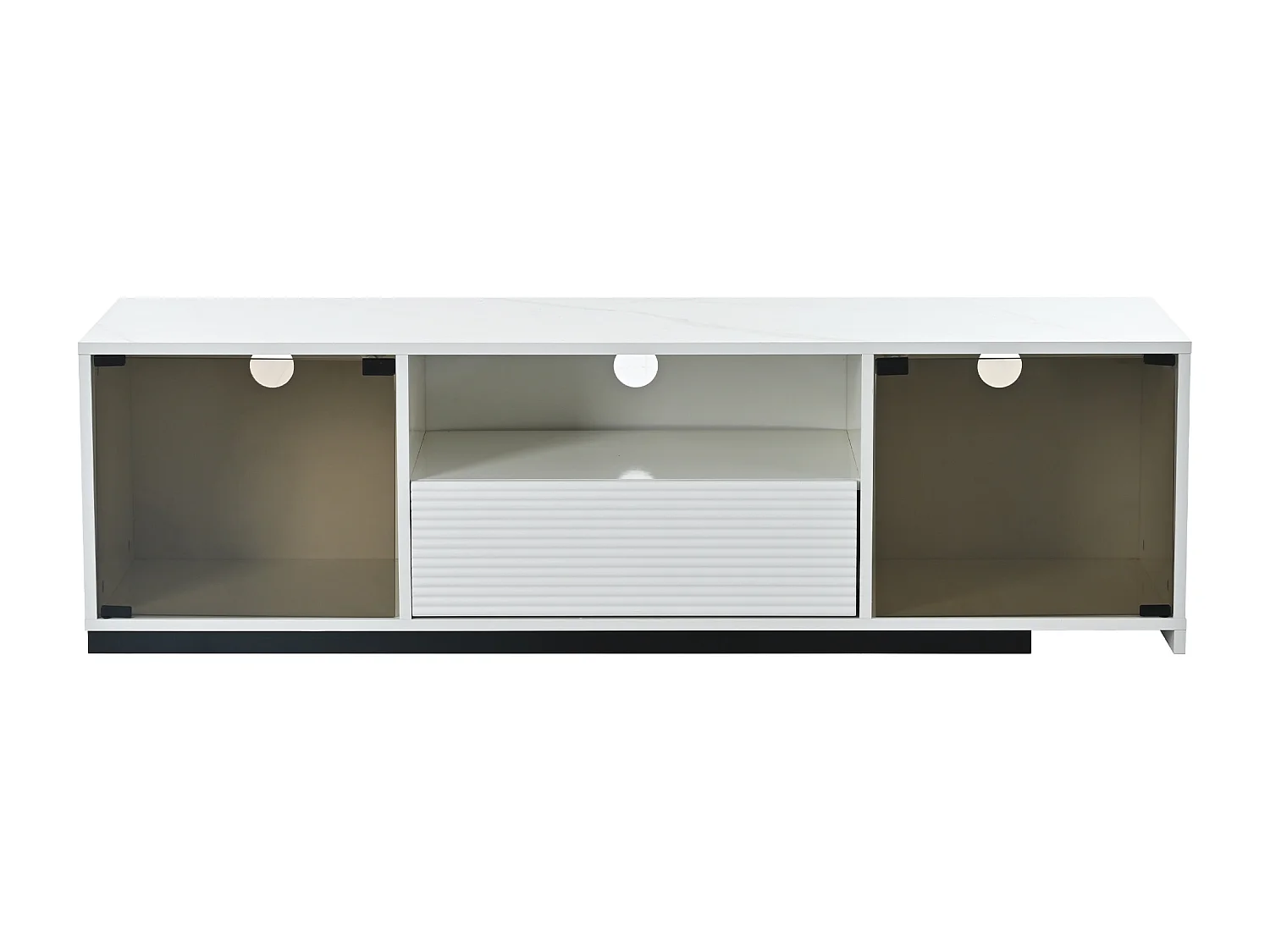 Uitschuifbare tv-kast - 2 glazen deuren, 1 lade en 1 nis - LED's - wit