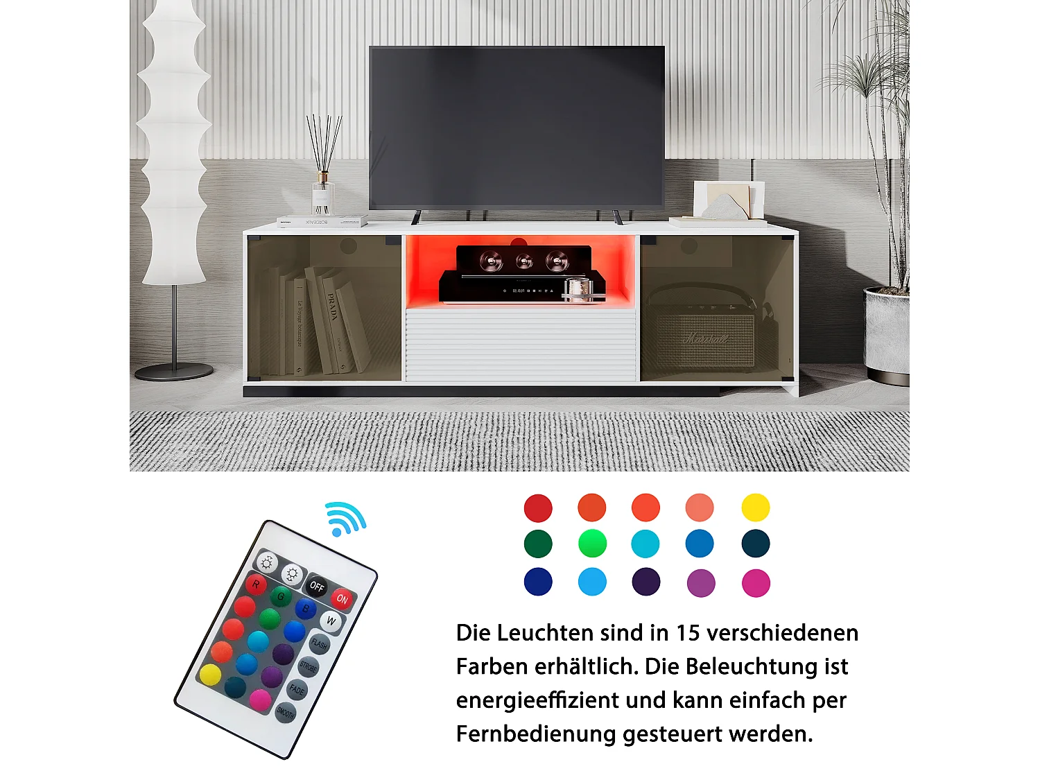 Uitschuifbare tv-kast - 2 glazen deuren, 1 lade en 1 nis - LED's - wit