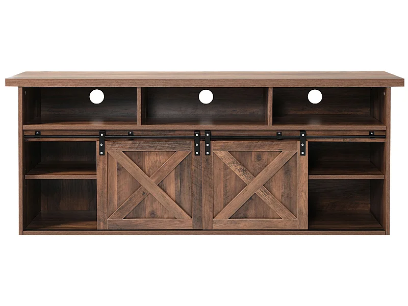 TV-meubel 150 cm - 2 schuifdeuren, 2 lades en 3 verstelbare planken - LED's - bruin houtlook