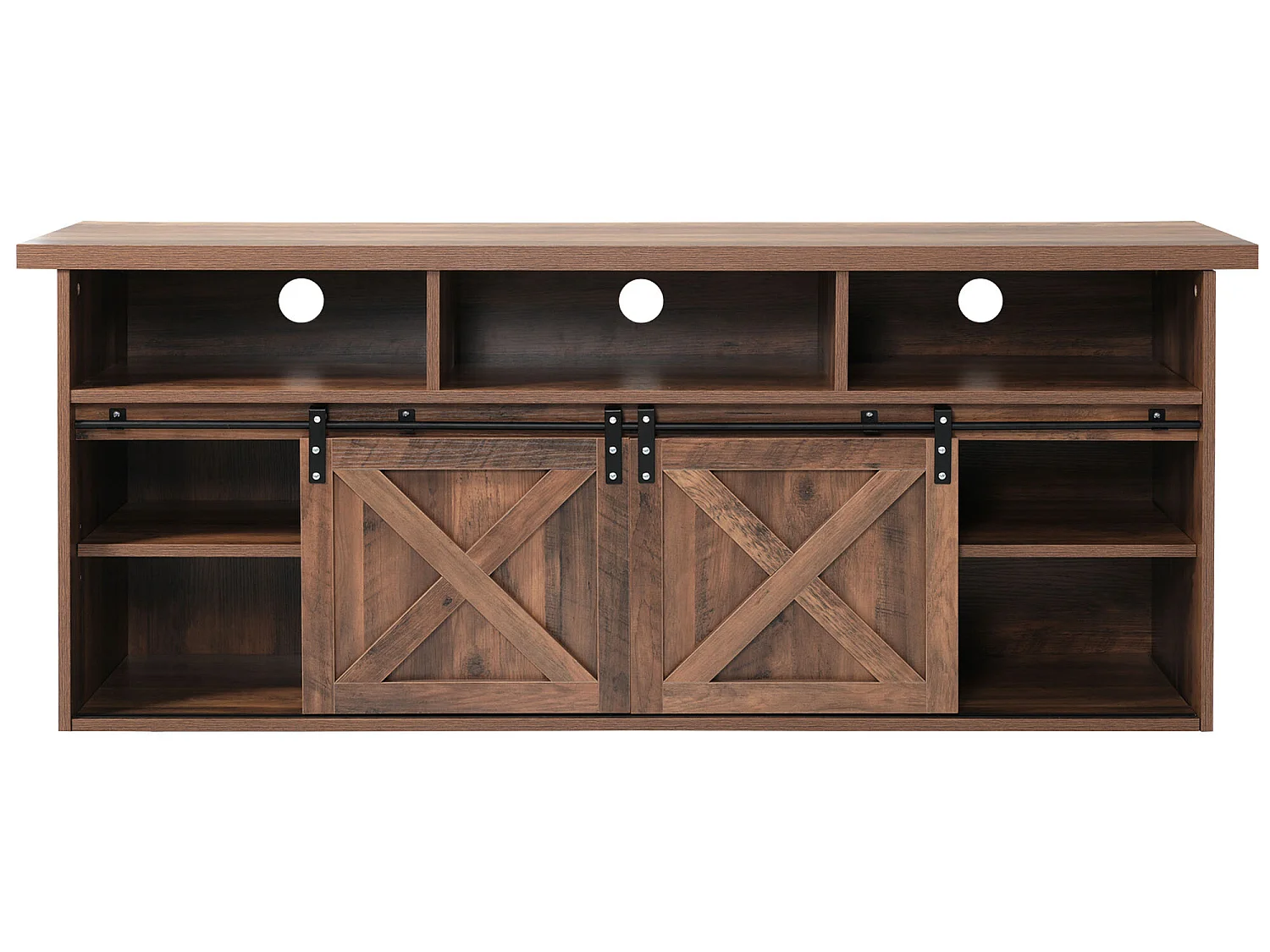 TV-meubel 150 cm - 2 schuifdeuren, 2 lades en 3 verstelbare planken - LED's - bruin houtlook