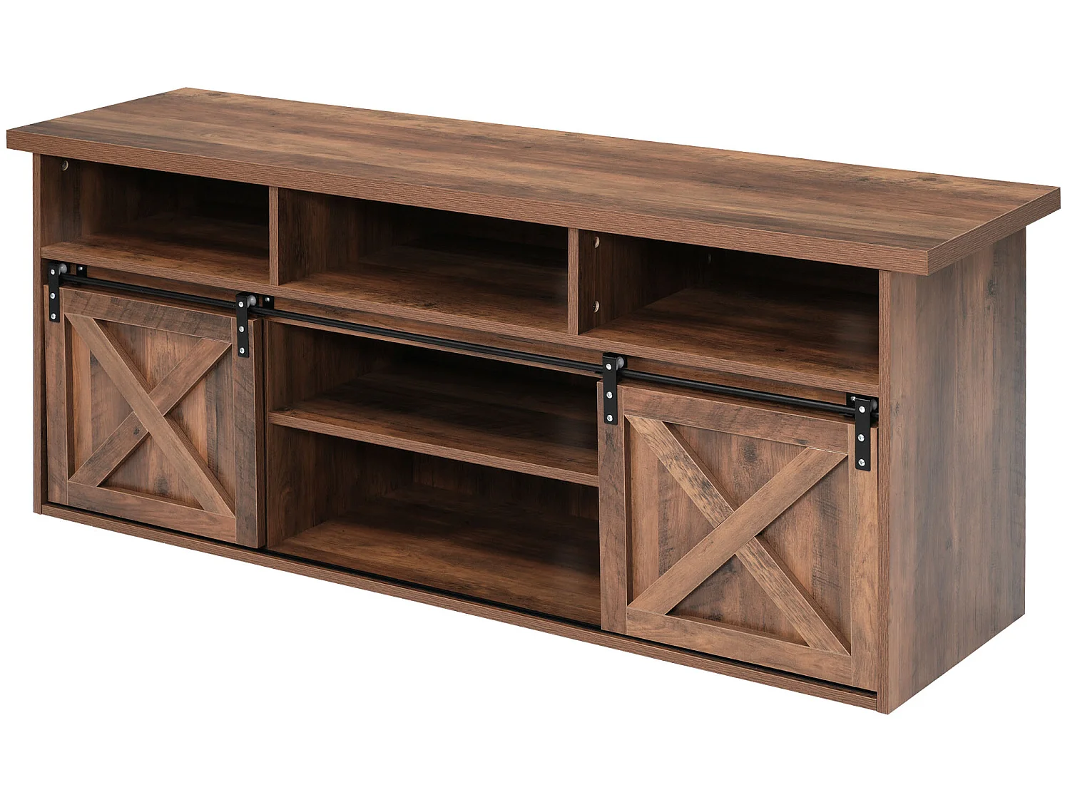 TV-meubel 150 cm - 2 schuifdeuren, 2 lades en 3 verstelbare planken - LED's - bruin houtlook