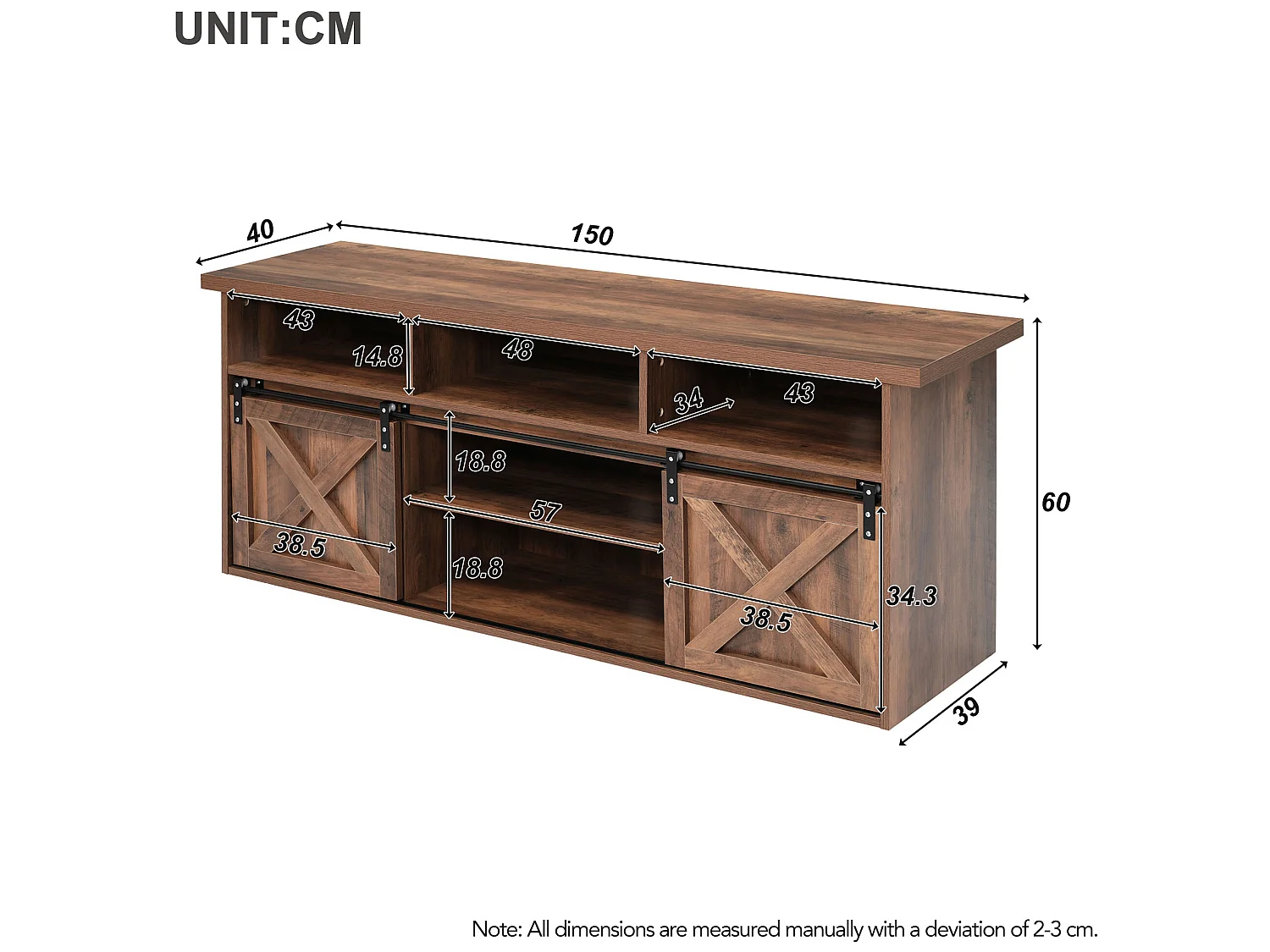 TV-meubel 150 cm - 2 schuifdeuren, 2 lades en 3 verstelbare planken - LED's - bruin houtlook