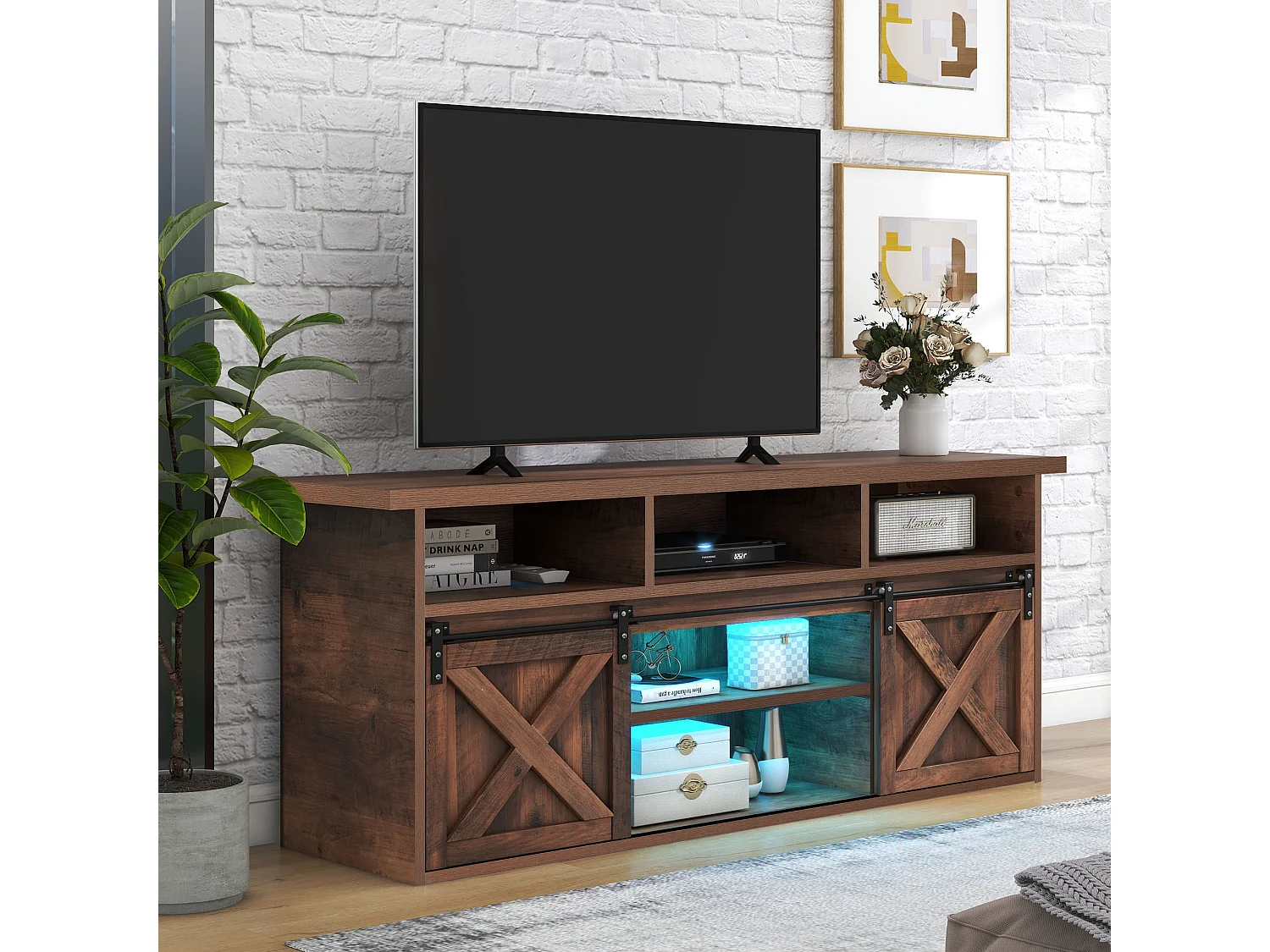 TV-meubel 150 cm - 2 schuifdeuren, 2 lades en 3 verstelbare planken - LED's - bruin houtlook