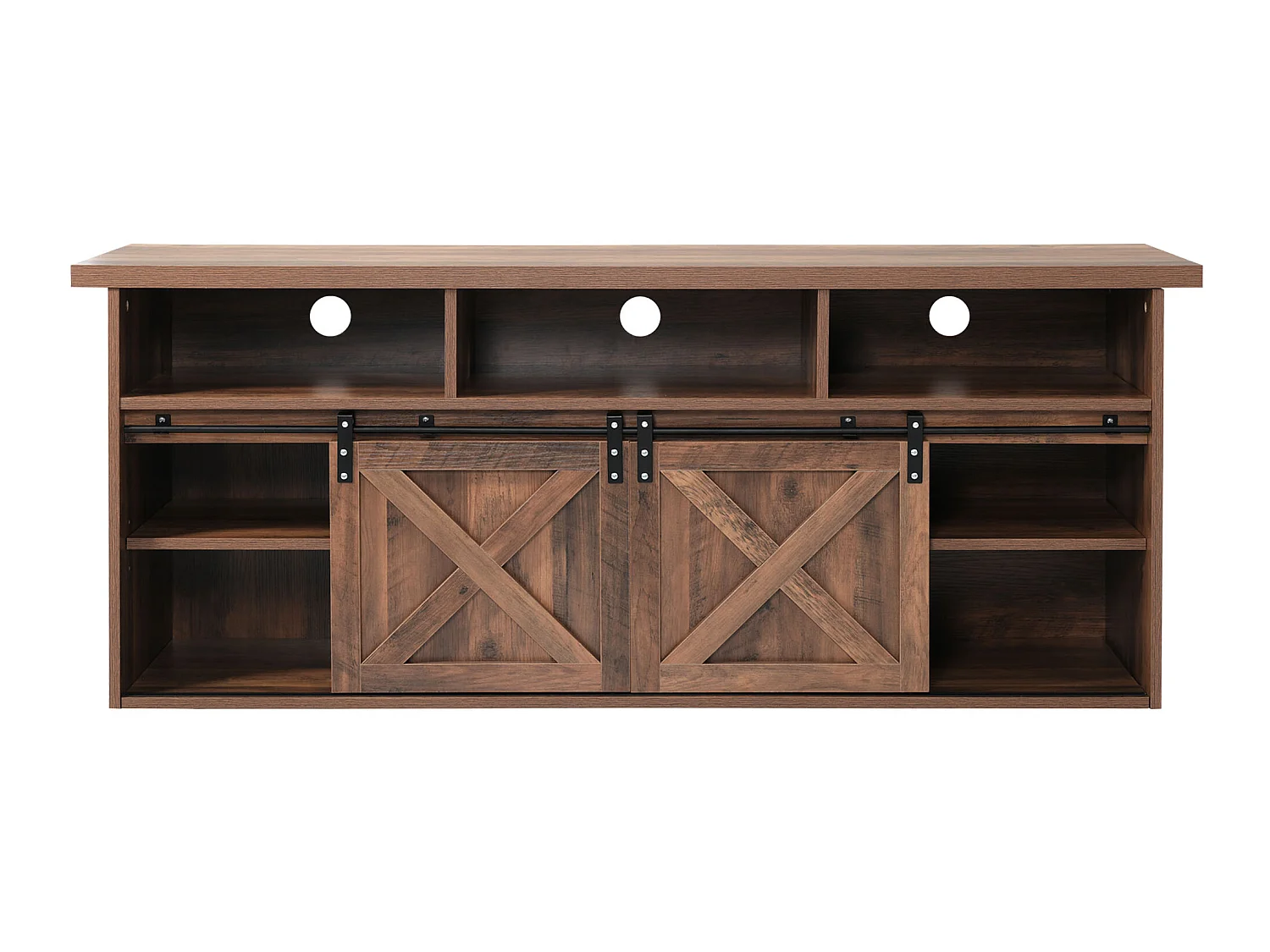 Meuble TV 150 cm - 2 portes coulissantes, 2 tiroirs et 3 étagères réglable - LEDs - effet bois marron