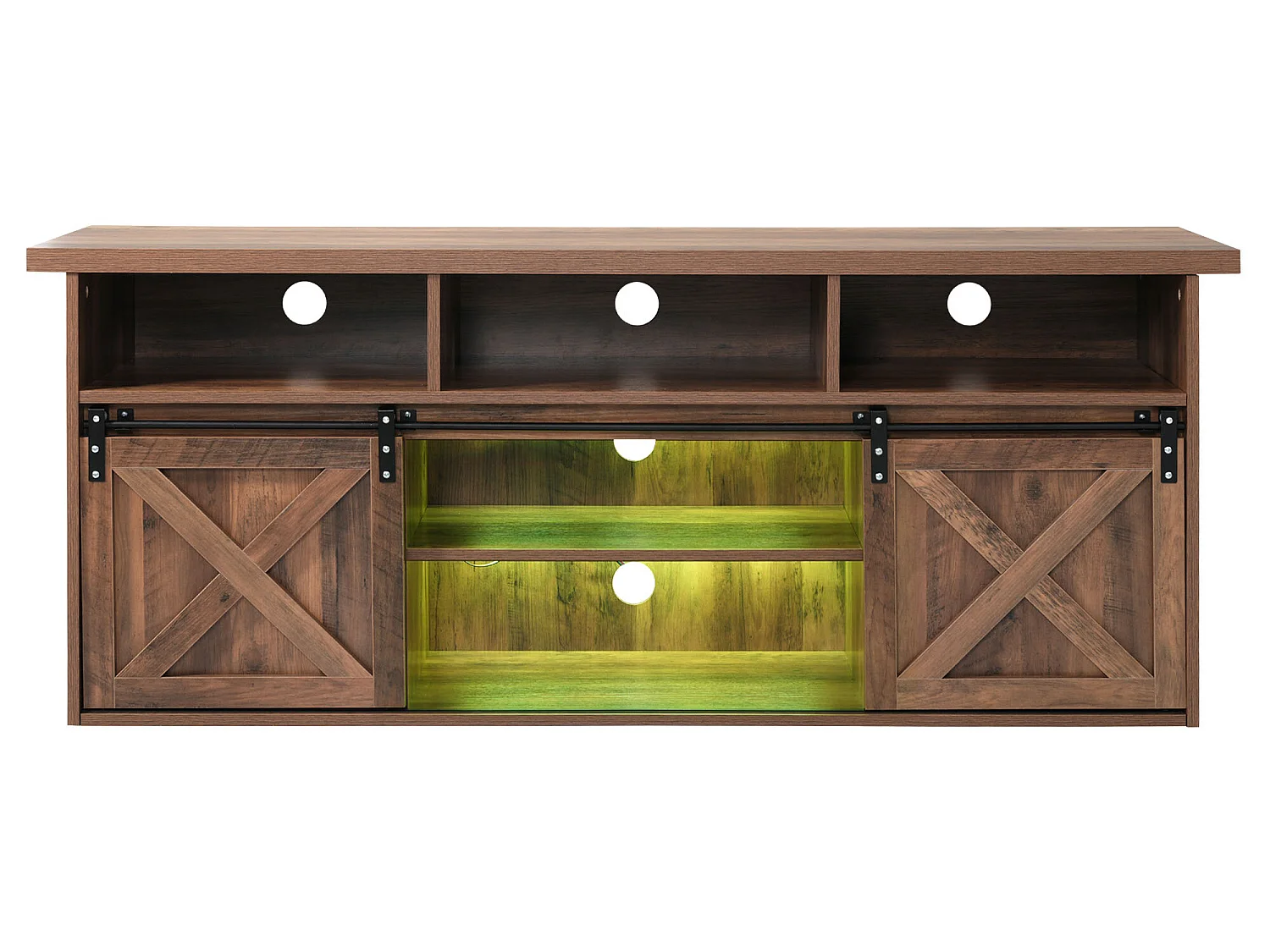 Meuble TV 150 cm - 2 portes coulissantes, 2 tiroirs et 3 étagères réglable - LEDs - effet bois marron