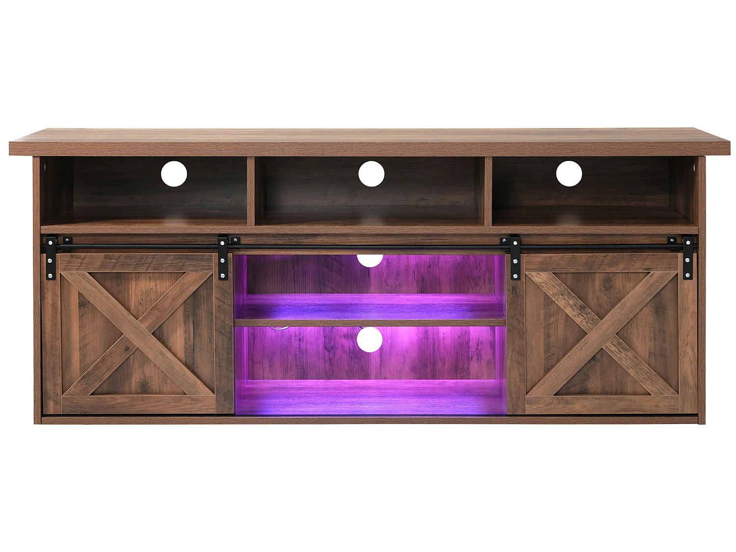 Meuble TV 150 cm - 2 portes coulissantes, 2 tiroirs et 3 étagères réglable - LEDs - effet bois marron