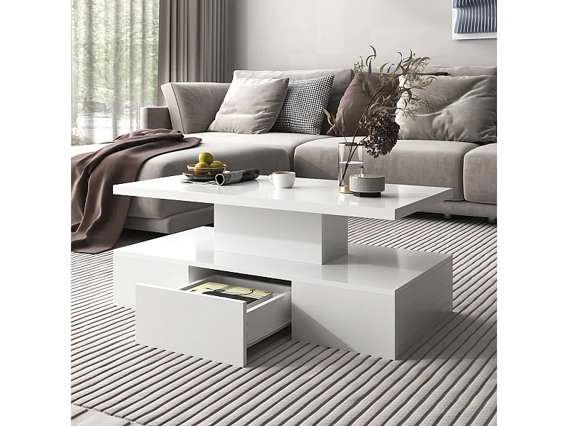 Couchtisch – 1 Schublade und 2 Regale – Spanplatte – LEDs – glänzendes Weiß