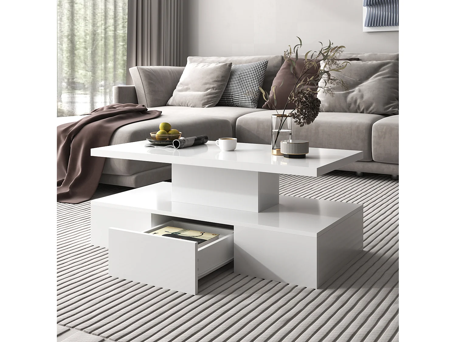 Table basse - 1 tiroir et 2 étagères - panneaux de particules - LEDs - blanc brillant