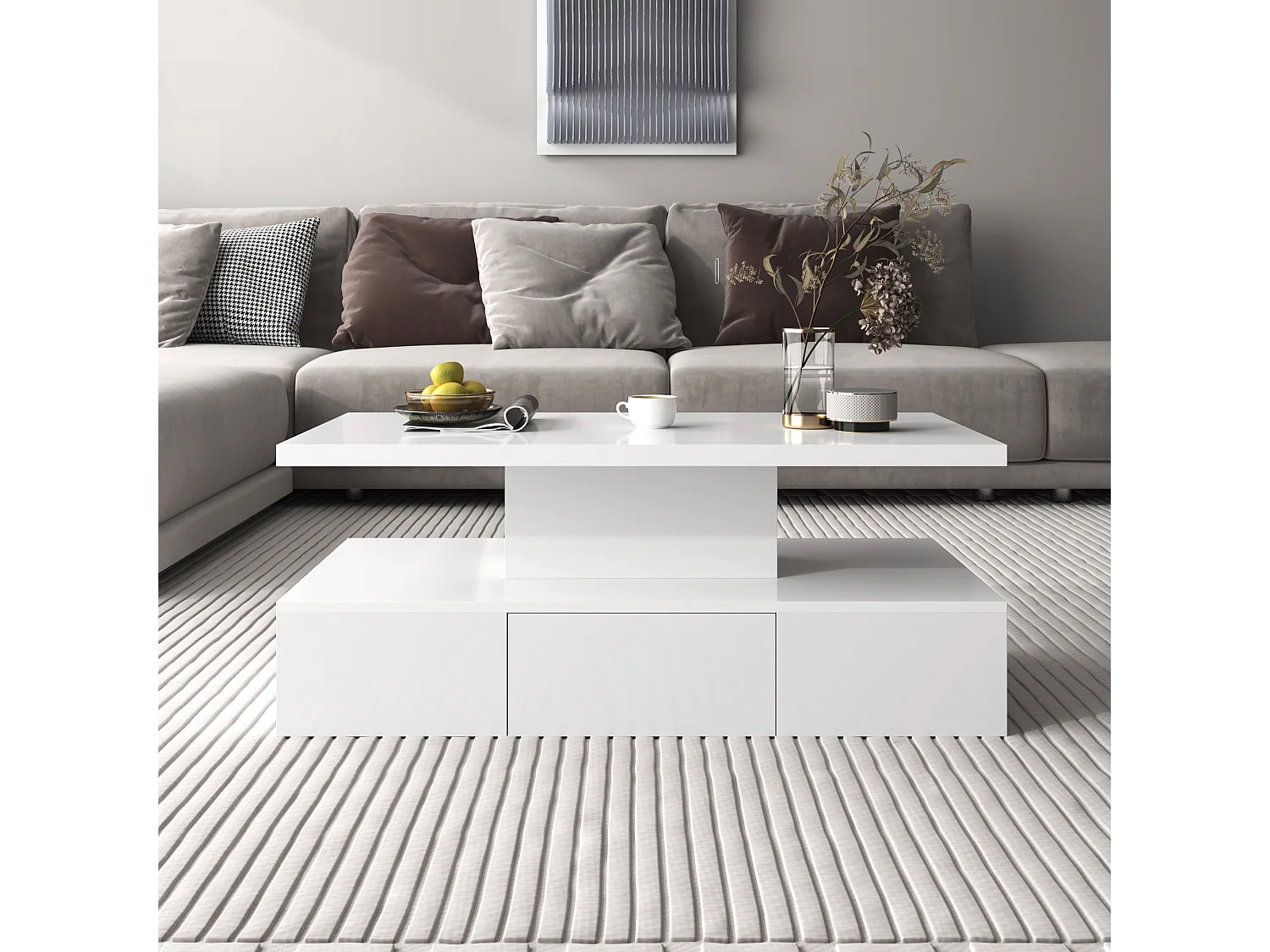 Table basse - 1 tiroir et 2 étagères - panneaux de particules - LEDs - blanc brillant