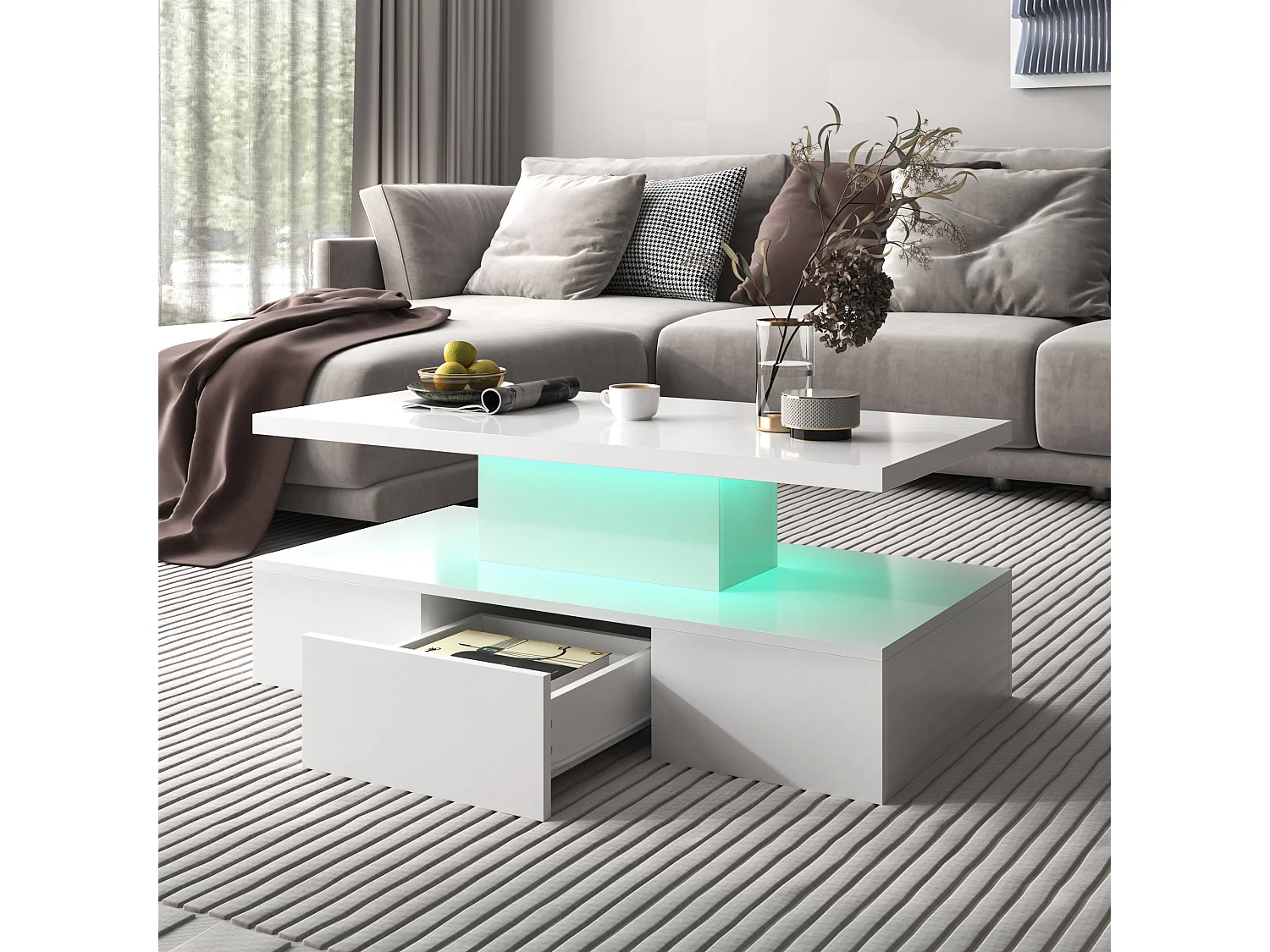 Table basse - 1 tiroir et 2 étagères - panneaux de particules - LEDs - blanc brillant