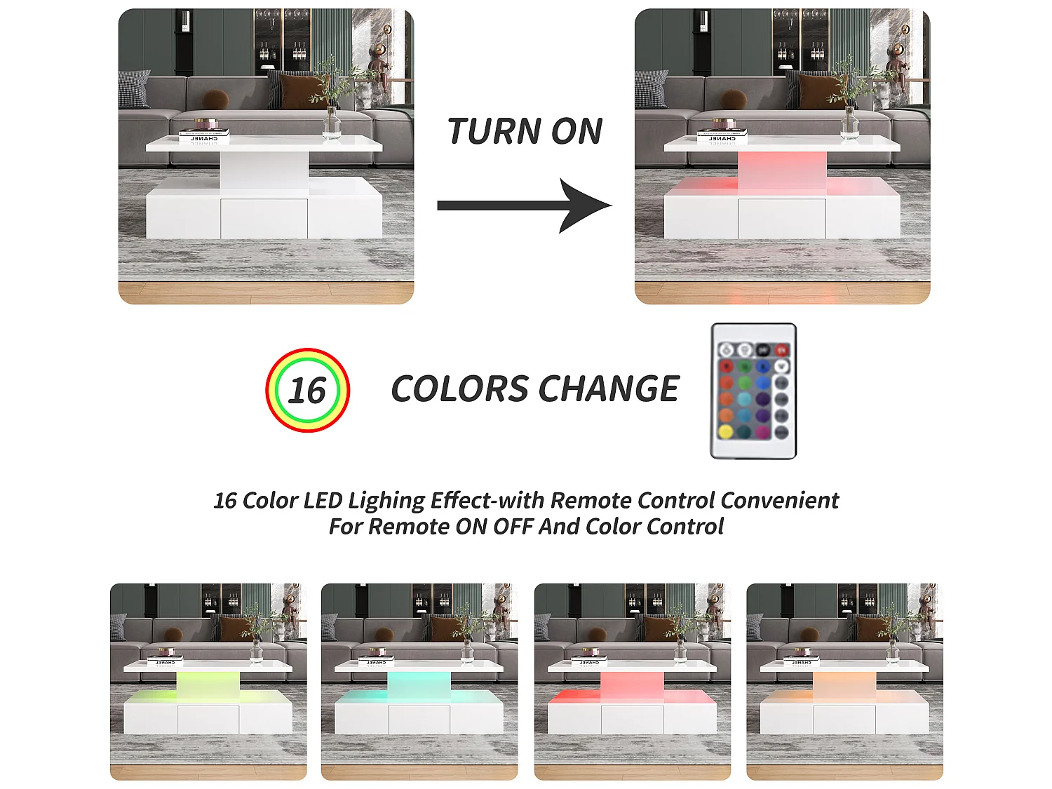 Table basse - 1 tiroir et 2 étagères - panneaux de particules - LEDs - blanc brillant