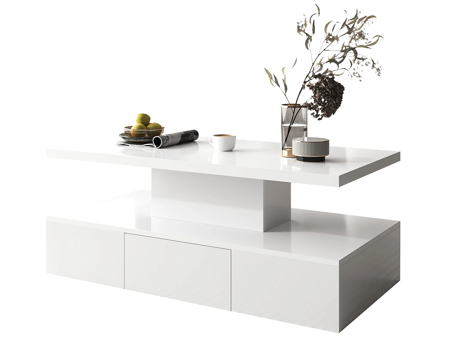 Table basse - 1 tiroir et 2 étagères - panneaux de particules - LEDs - blanc brillant