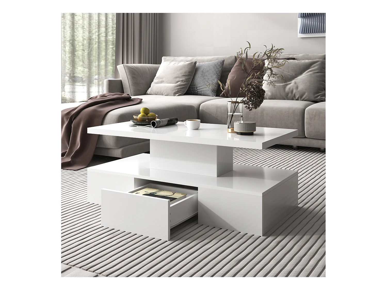 Mesa de centro - 1 cajón y 2 estantes - tablero de partículas - LED - blanco brillante