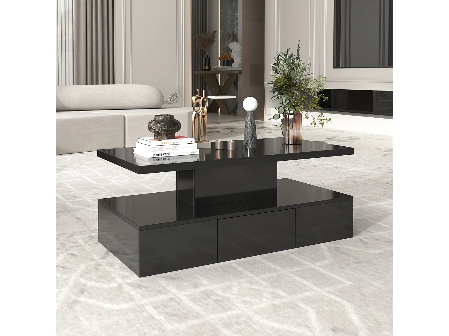 Mesa de centro - 1 gaveta e 2 prateleiras - aglomerado - LEDs - preto brilhante