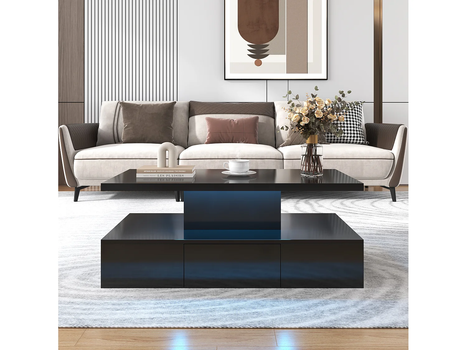 Mesa de centro - 1 gaveta e 2 prateleiras - aglomerado - LEDs - preto brilhante