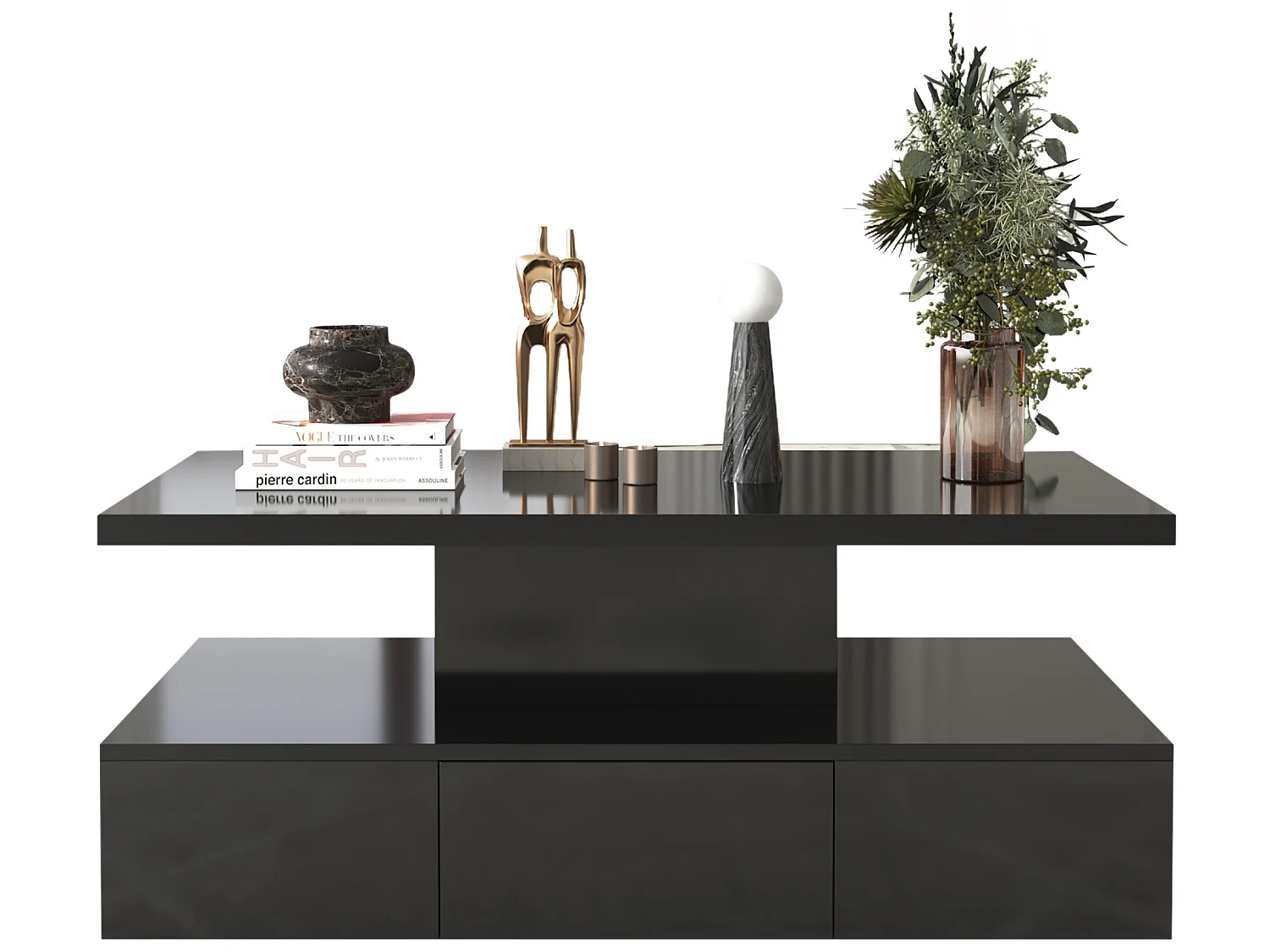 Mesa de centro - 1 gaveta e 2 prateleiras - aglomerado - LEDs - preto brilhante