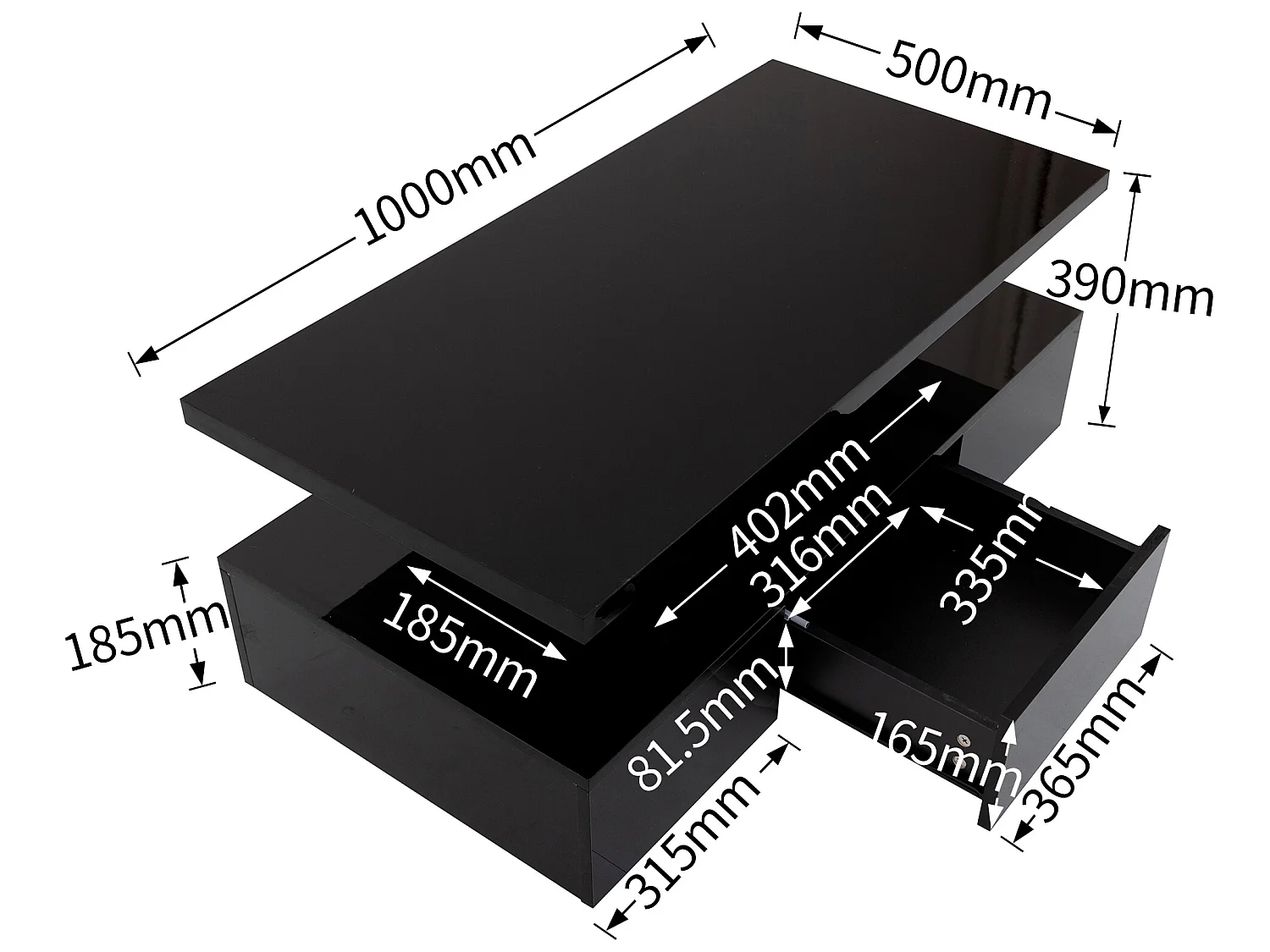 Mesa de centro - 1 gaveta e 2 prateleiras - aglomerado - LEDs - preto brilhante