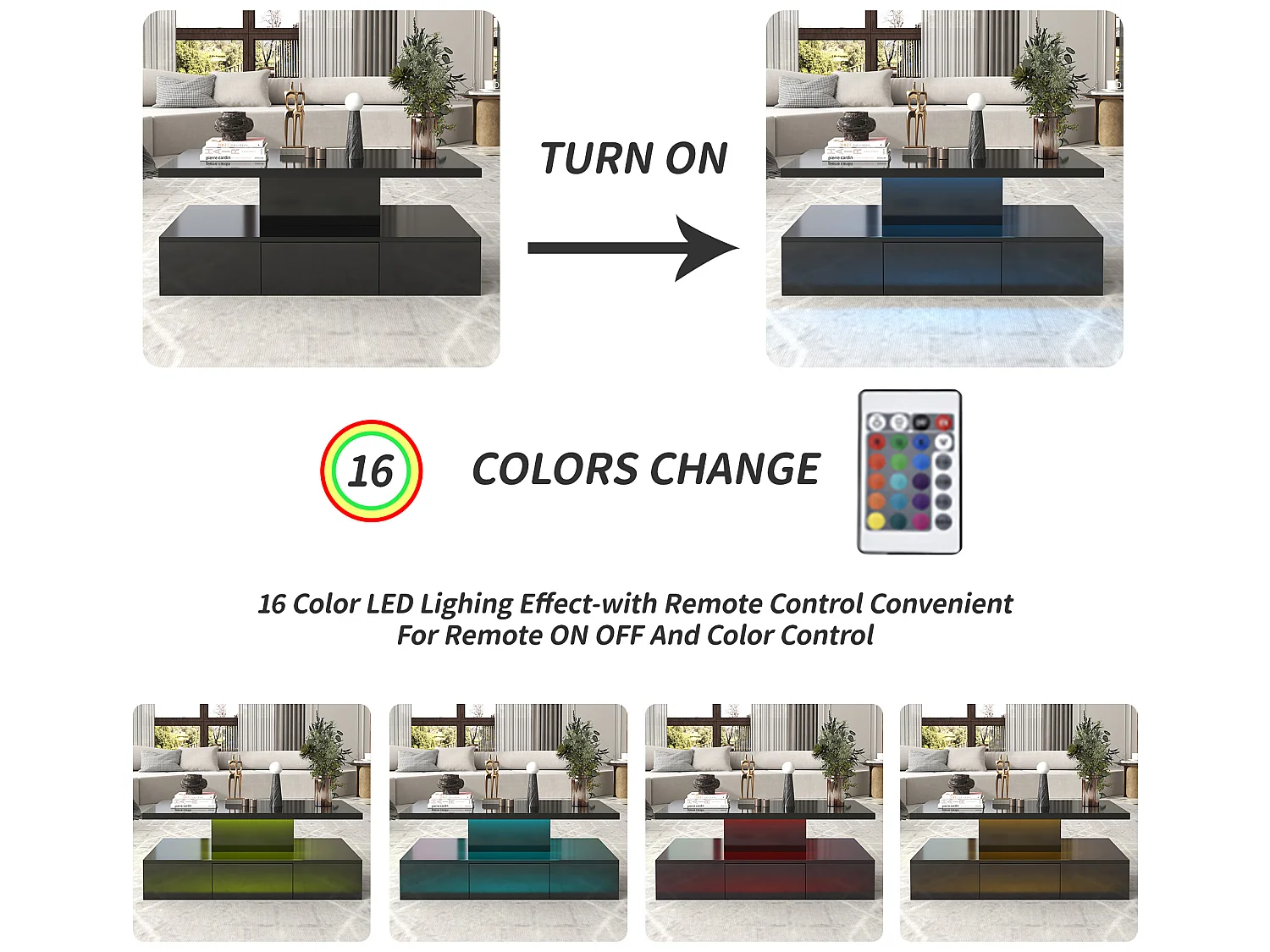 Mesa de centro - 1 gaveta e 2 prateleiras - aglomerado - LEDs - preto brilhante