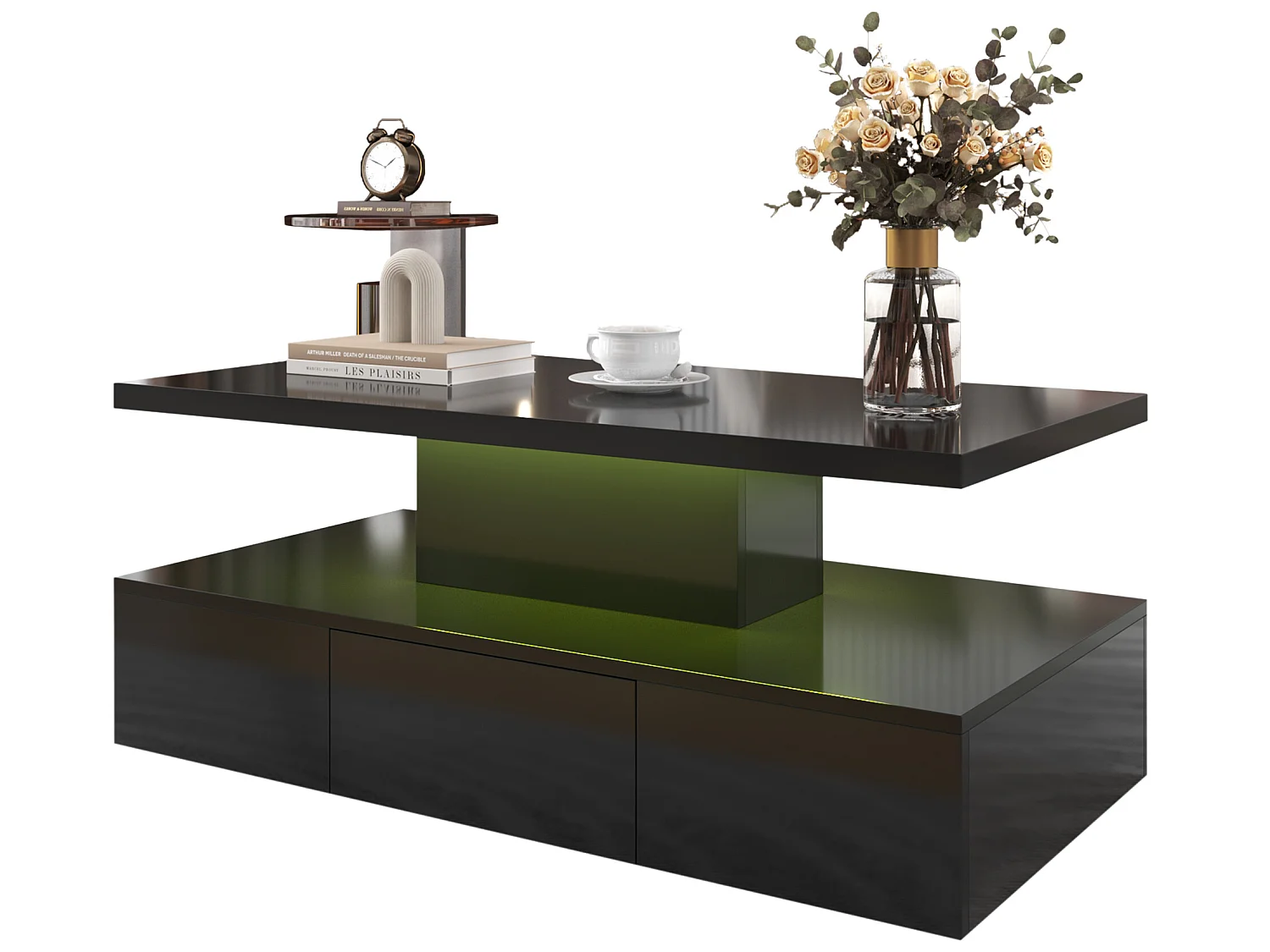 Mesa de centro - 1 gaveta e 2 prateleiras - aglomerado - LEDs - preto brilhante