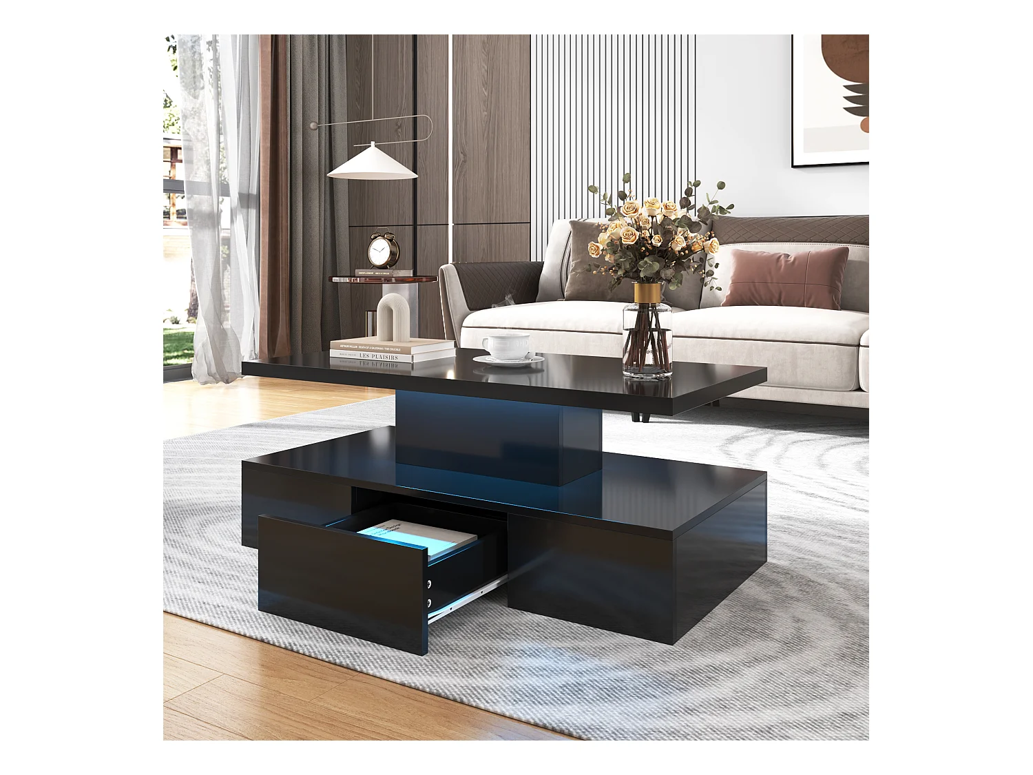 Salontafel - 1 lade en 2 planken - spaanplaat - LED's - glanzend zwart