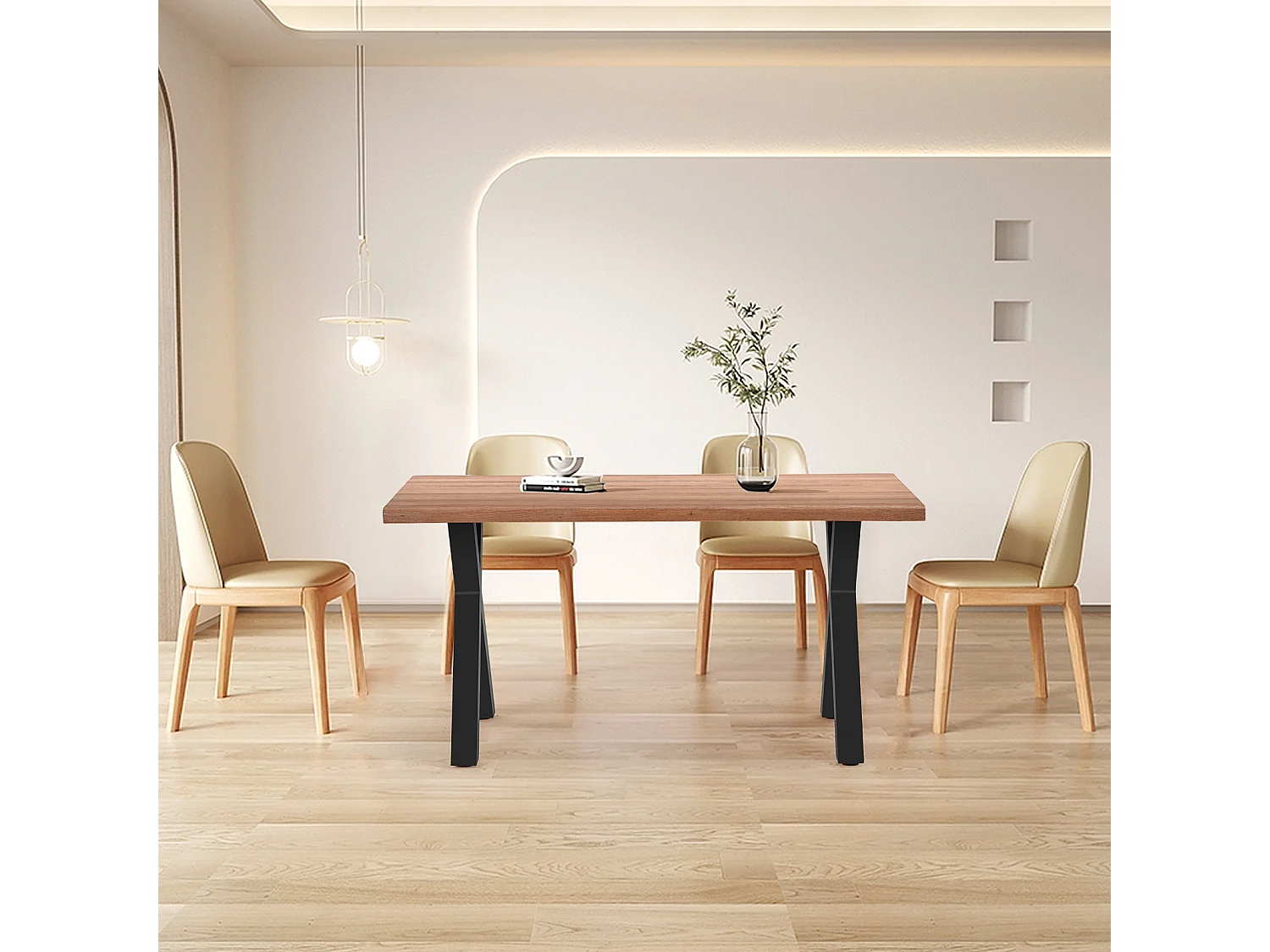 Table à manger en bois massif - 4 à 6 couverts - pieds en acier - coloris naturel foncé