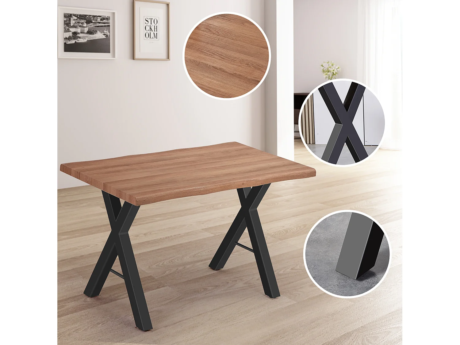 Table à manger en bois massif - 4 à 6 couverts - pieds en acier - coloris naturel foncé