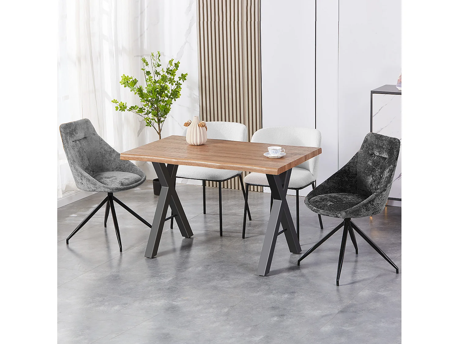 Table à manger en bois massif - 4 à 6 couverts - pieds en acier - coloris naturel foncé