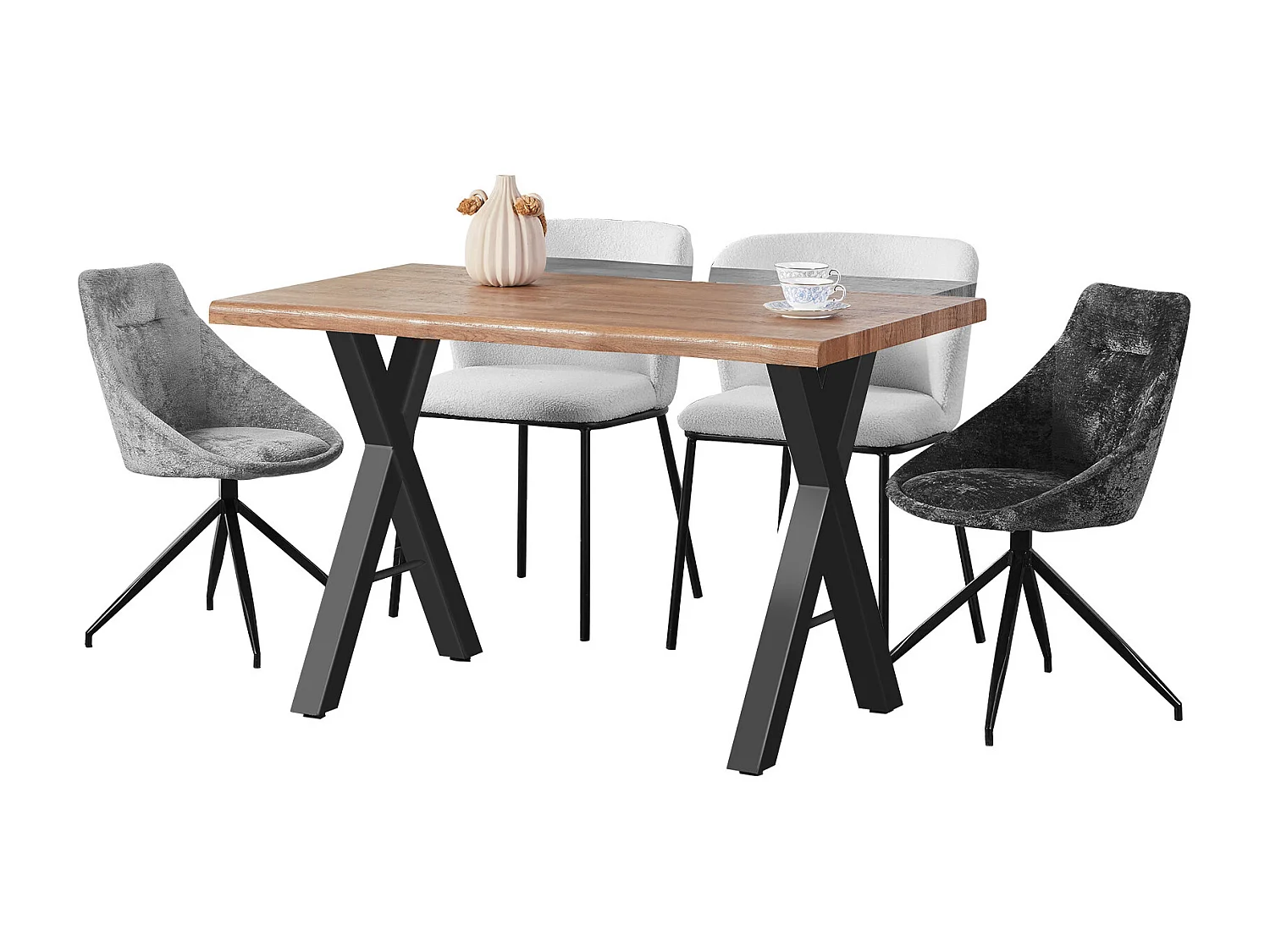 Table à manger en bois massif - 4 à 6 couverts - pieds en acier - coloris naturel foncé