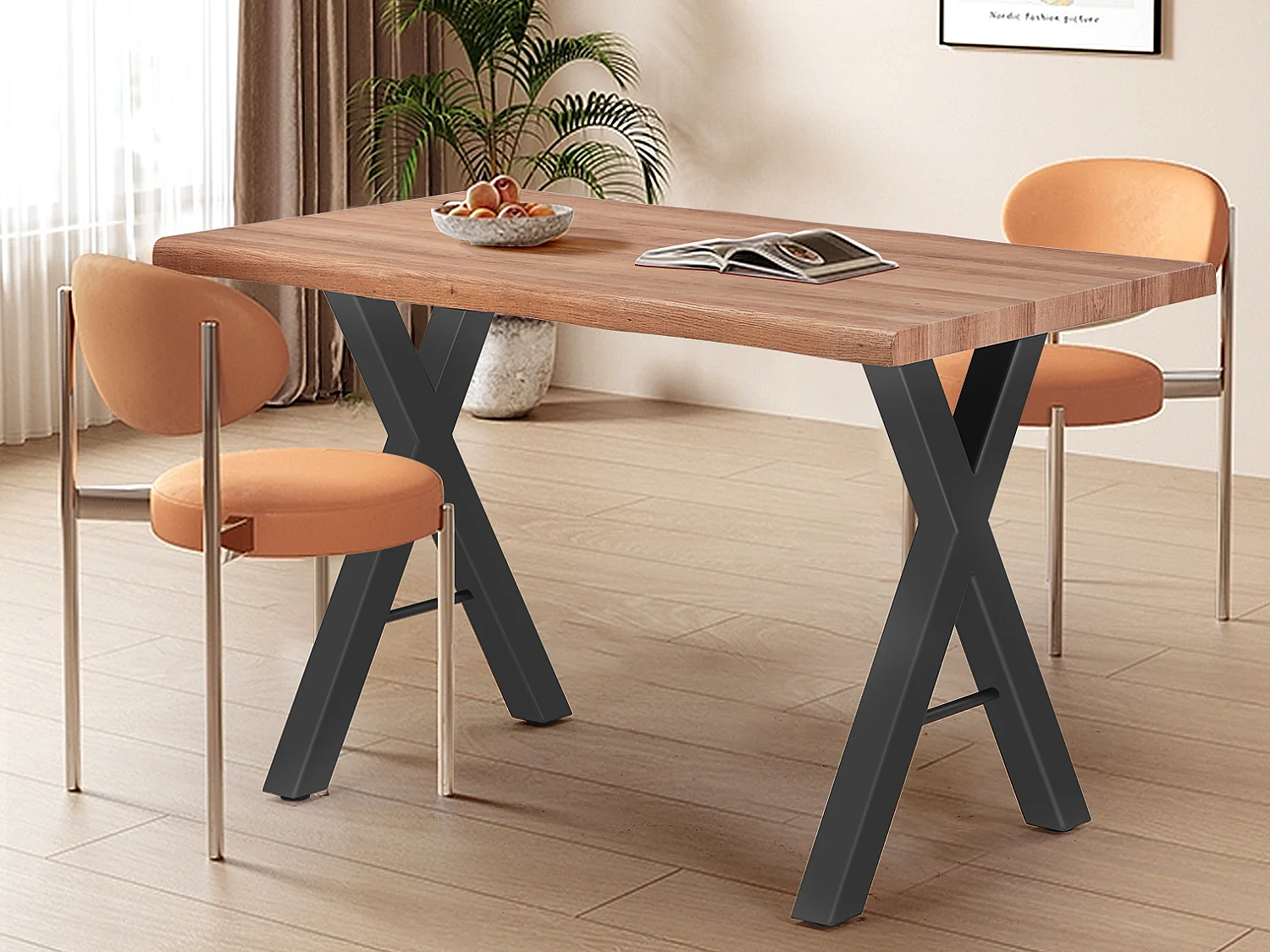 Table à manger en bois massif - 4 à 6 couverts - pieds en acier - coloris naturel foncé