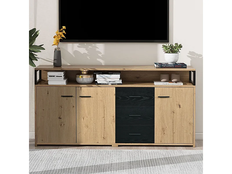 Buffet avec 3 portes et 3 tiroirs - panneaux de particules - coloris naturel et noir