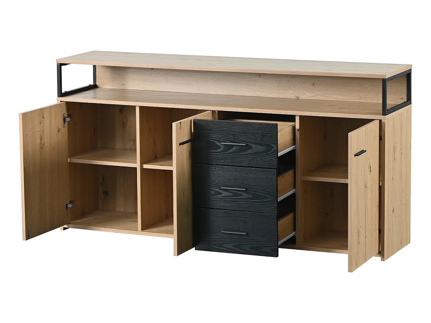 Credenza con 3 ante e 3 cassetti - pannello truciolare - colori naturale e nero