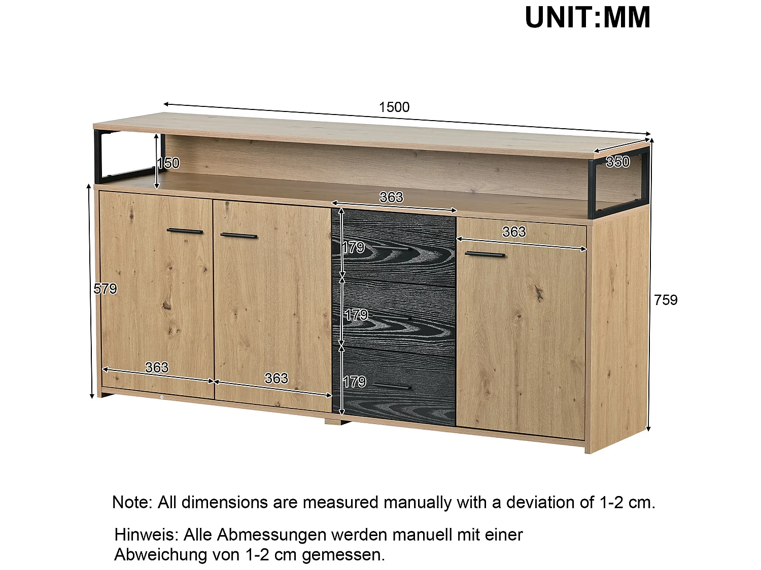 Credenza con 3 ante e 3 cassetti - pannello truciolare - colori naturale e nero
