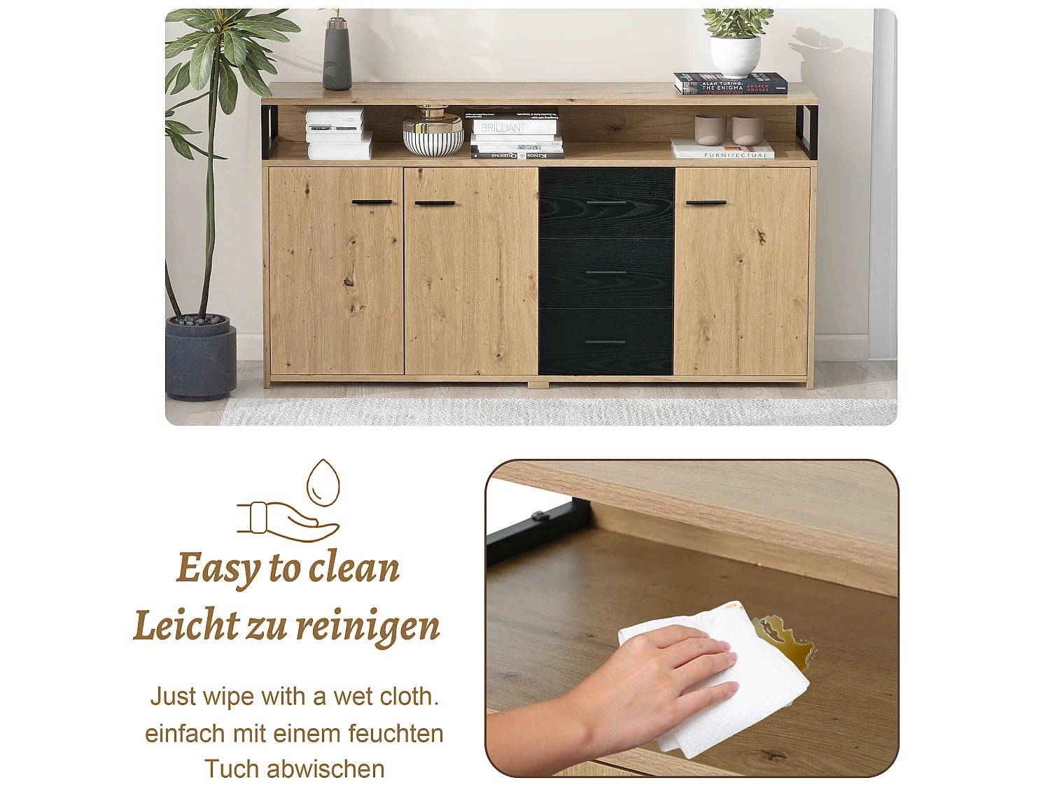 Credenza con 3 ante e 3 cassetti - pannello truciolare - colori naturale e nero